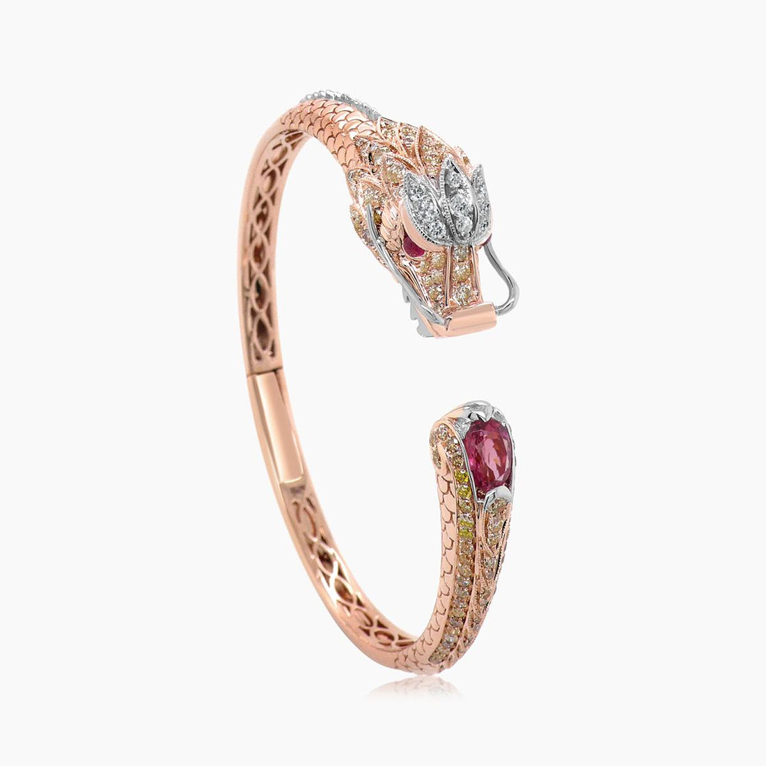 Dragon Diamond Pave & Pink Tourmaline & Ruby 18K Rose & White Gold Animal Ring