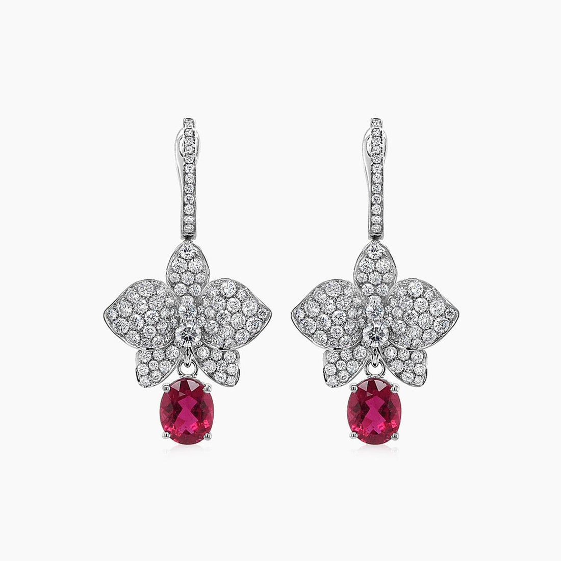 Red Pink Tourmaline & White Diamond Floral Petals Pave 18K White Gold Earrings