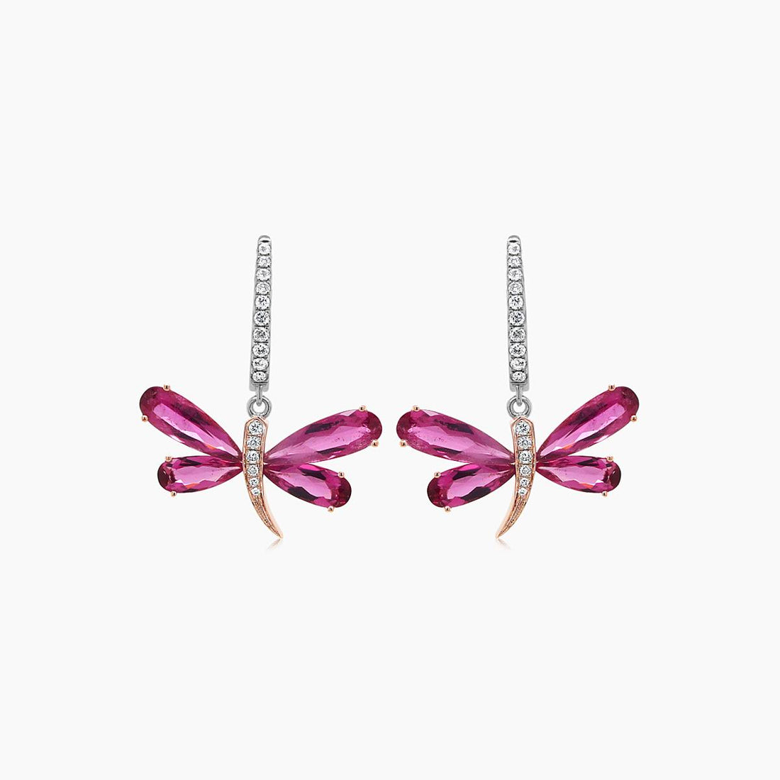Butterfly Diamond Pave & Pink Tourmaline 18K Rose & White Gold Animal Earrings
