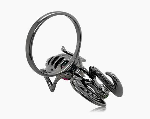 Ruby & Tourmaline & Green Garnet Praying Mantis Bug 18K Black Gold Animal Ring