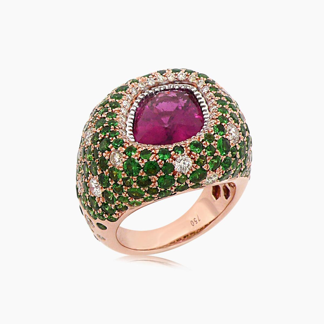 Red Pink Tourmaline & Green Garnet & Diamond Pave Set 18K Rose Gold Ring