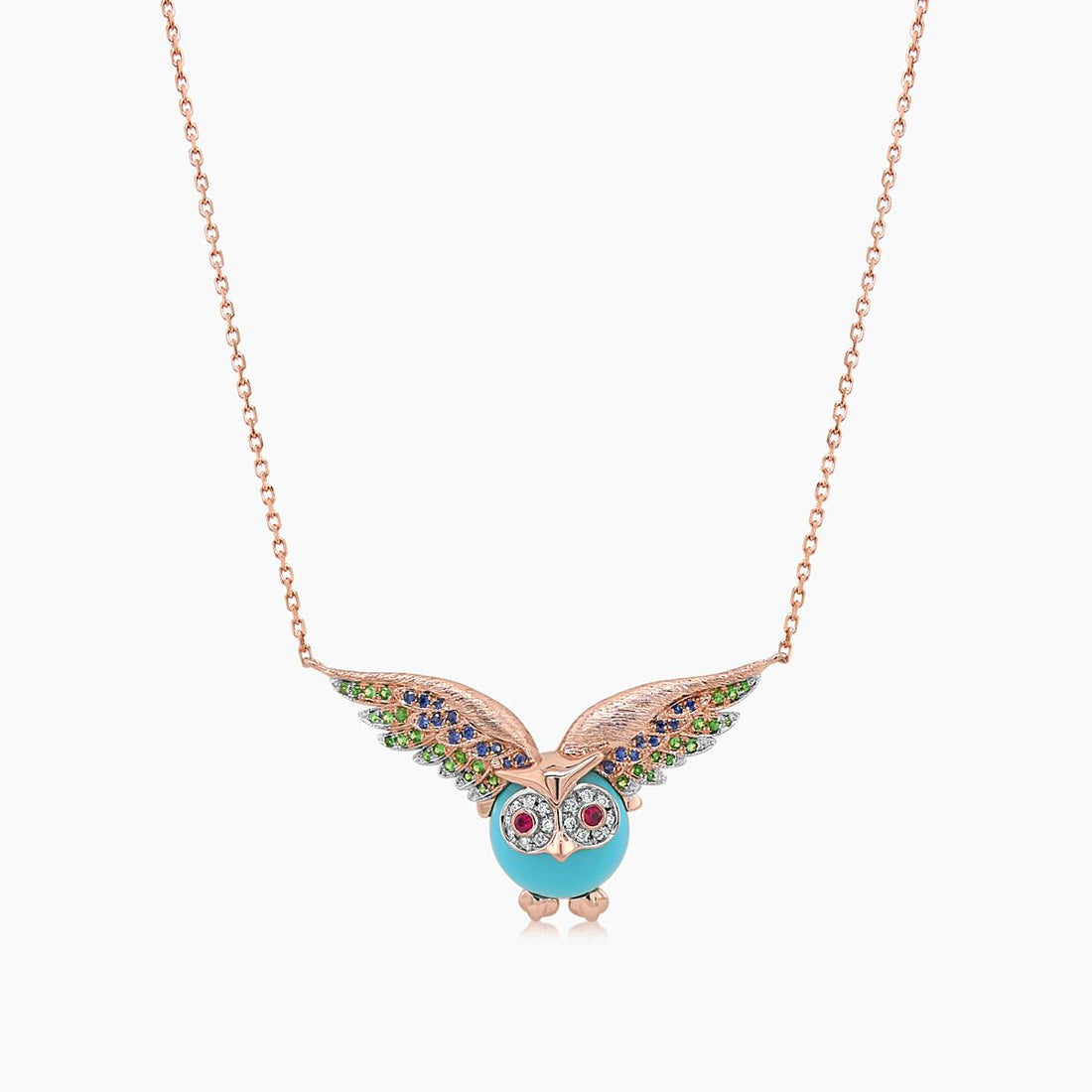 Owl Bird Turquoise Diamond Sapphire Garnet & Ruby 18K Rose Gold Pendant Necklace