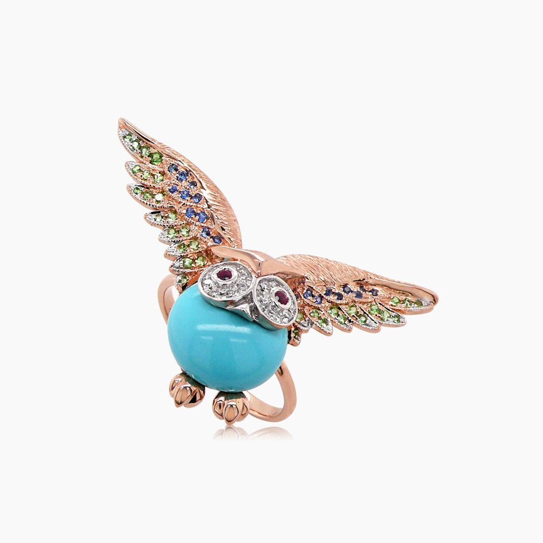 Owl Bird Turquoise Diamond Sapphire Garnet & Ruby 18K Rose Gold Ring