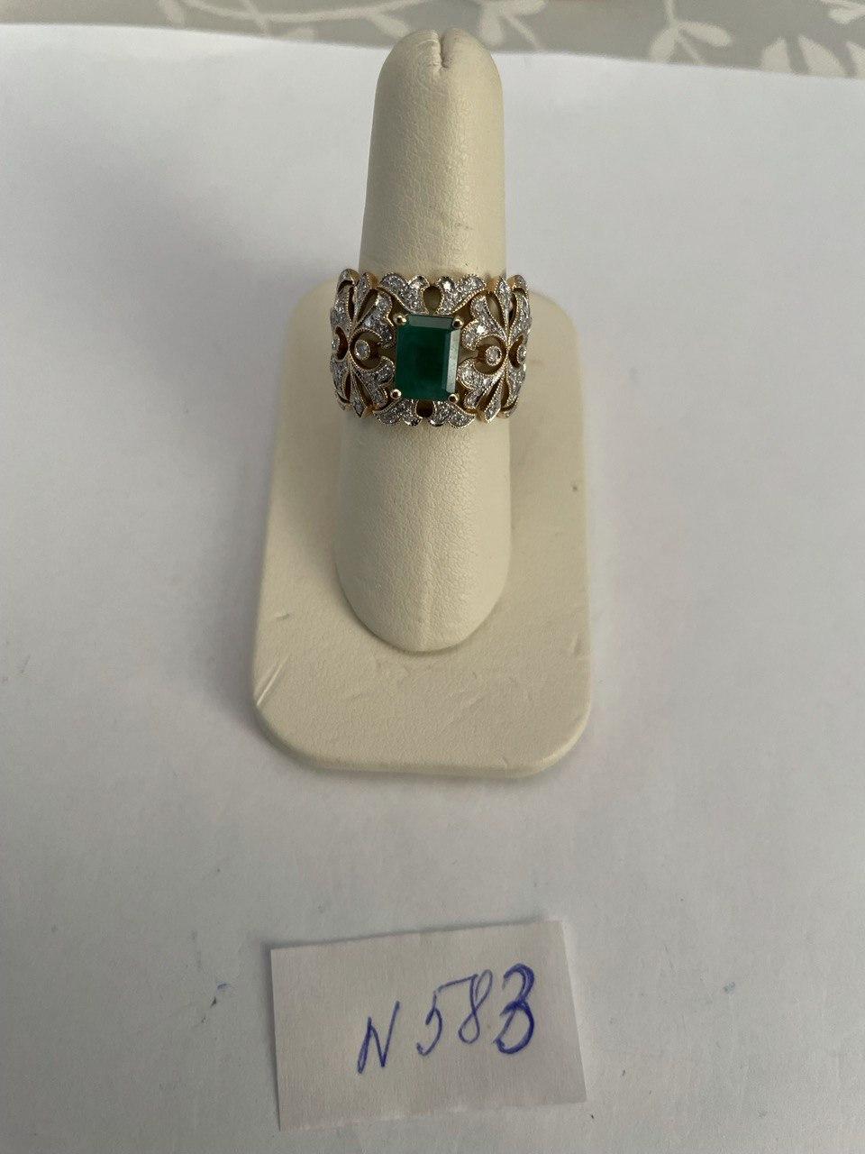Rectangular Green Emerald Diamond Scroll 14K Yellow Gold Statement Band Ring