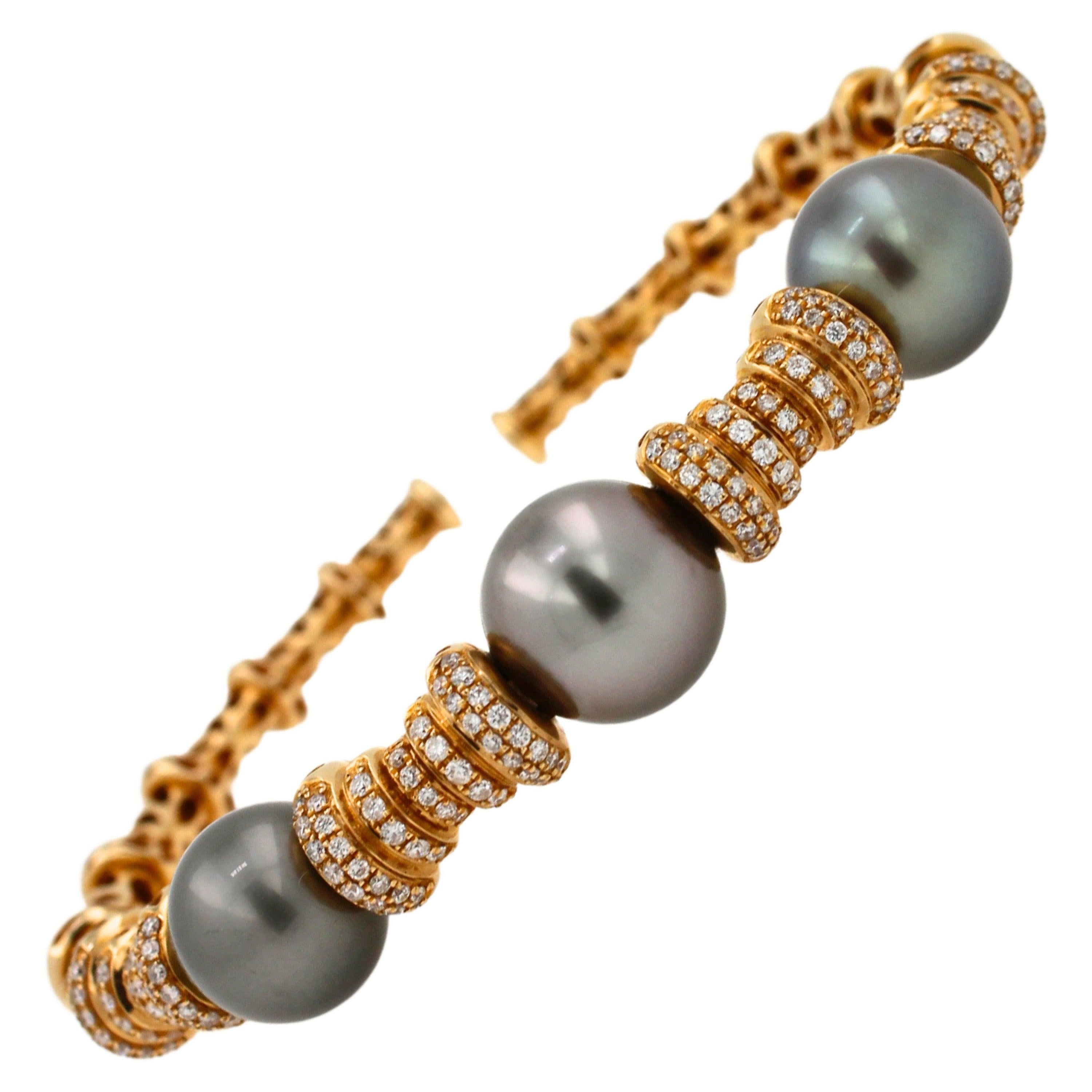 Tahitian Black Dark Grey Pearl Diamond Pave Set Yellow Gold Bangle Cuff Bracelet