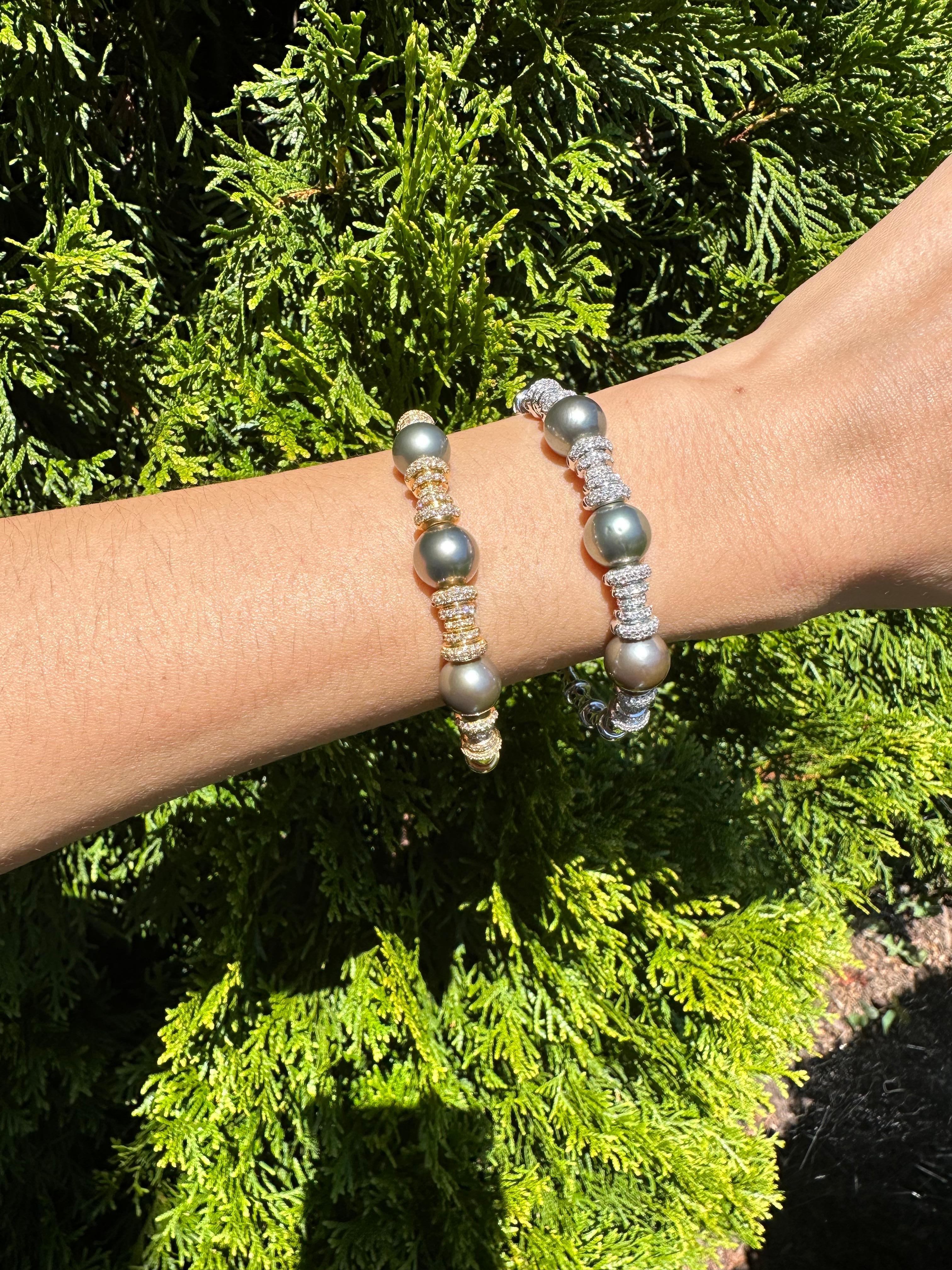 Tahitian Black Dark Grey Pearl Diamond Pave Set Yellow Gold Bangle Cuff Bracelet