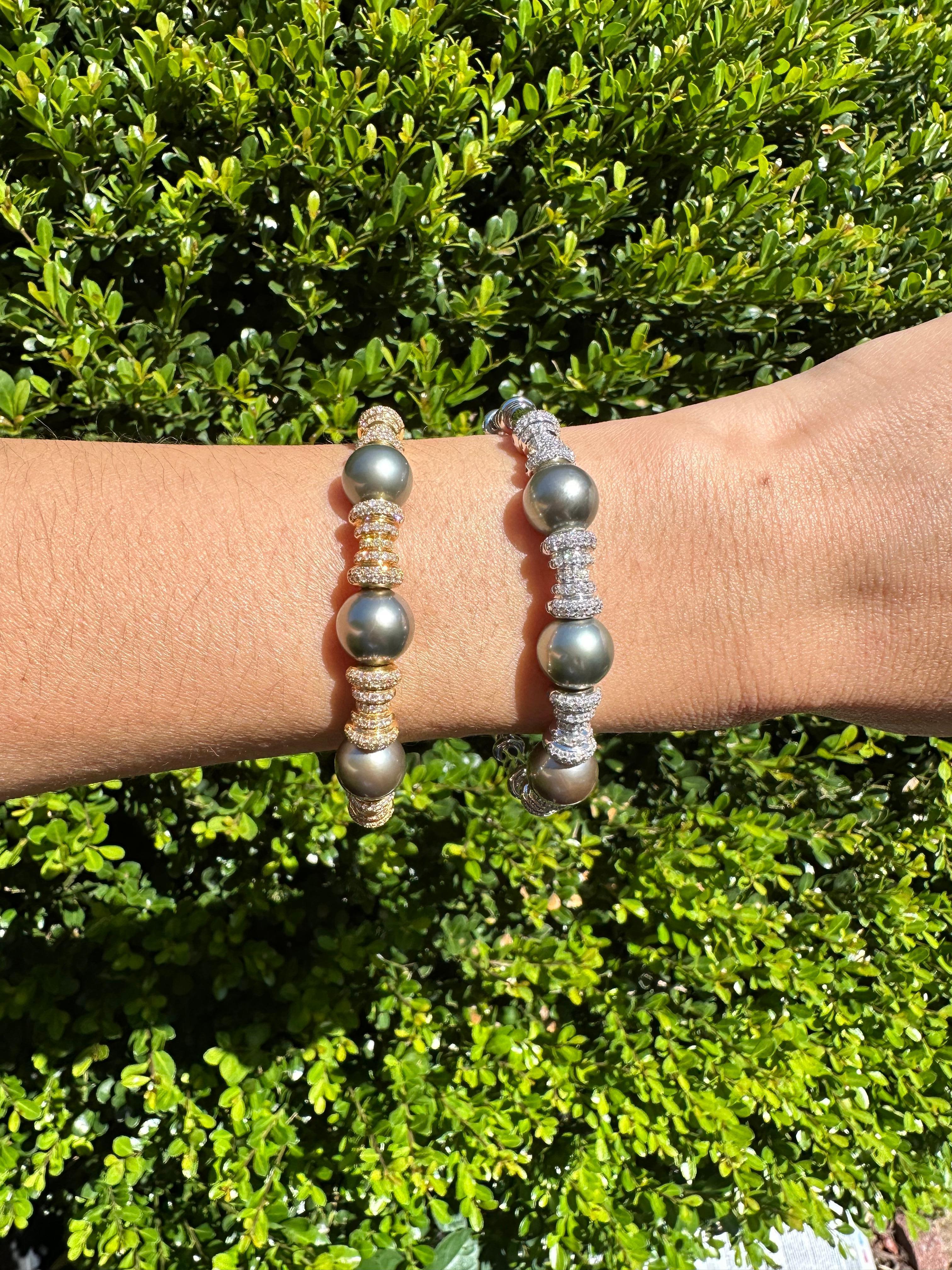 Tahitian Black Dark Grey Pearl Diamond Pave Set Yellow Gold Bangle Cuff Bracelet