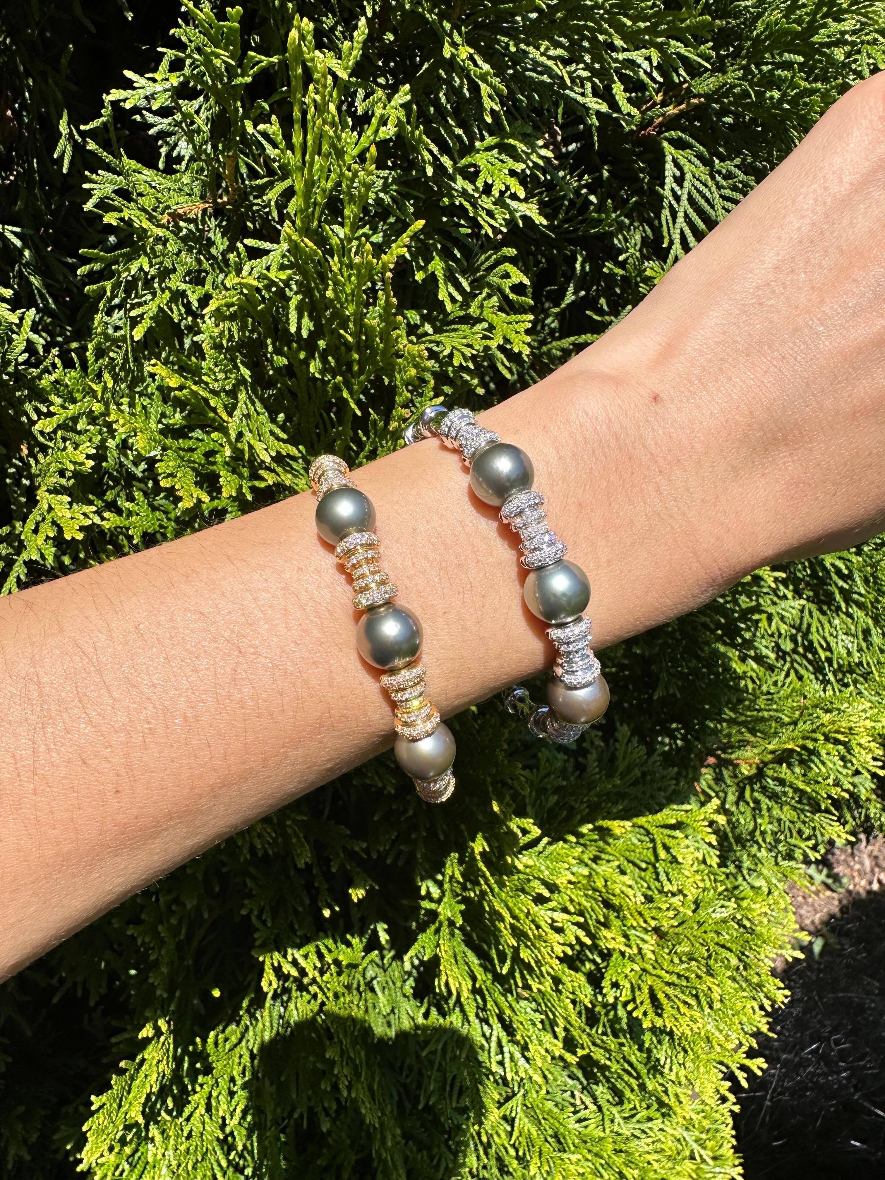 Tahitian Black Dark Grey Pearl Diamond Pave Set Yellow Gold Bangle Cuff Bracelet