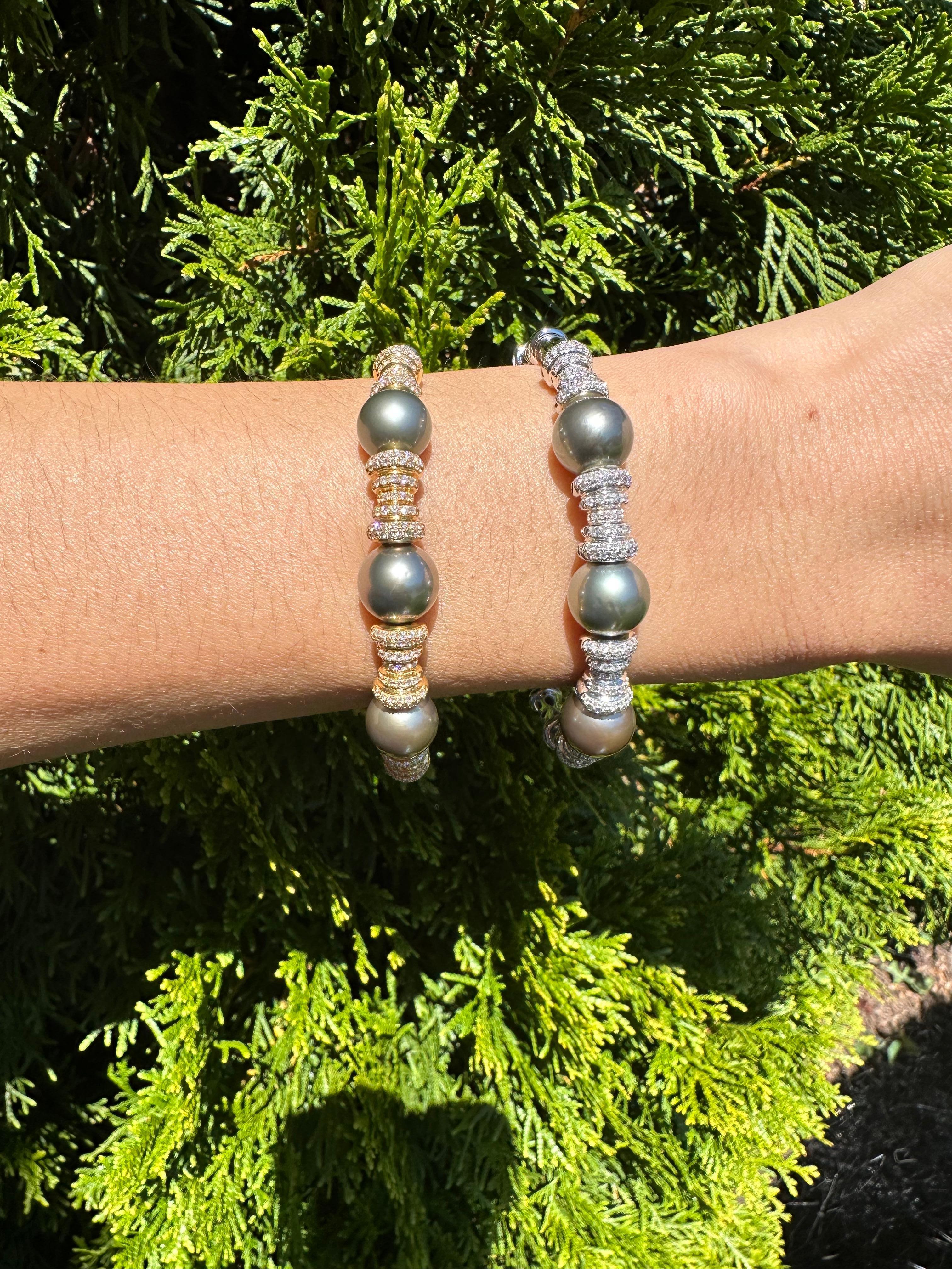 Tahitian Black Dark Grey Pearl Diamond Pave Set Yellow Gold Bangle Cuff Bracelet