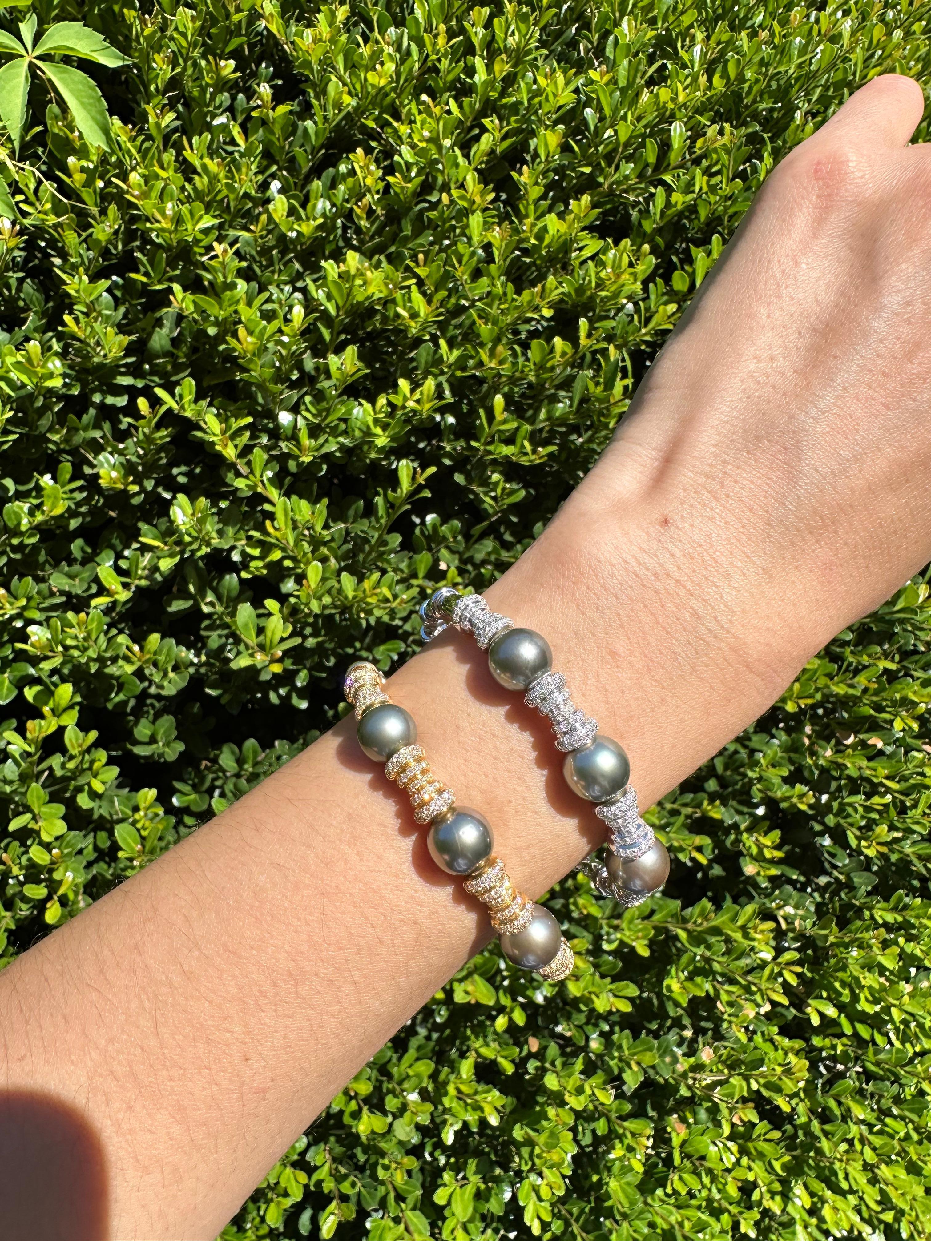 Tahitian Black Dark Grey Pearl Diamond Pave Set Yellow Gold Bangle Cuff Bracelet