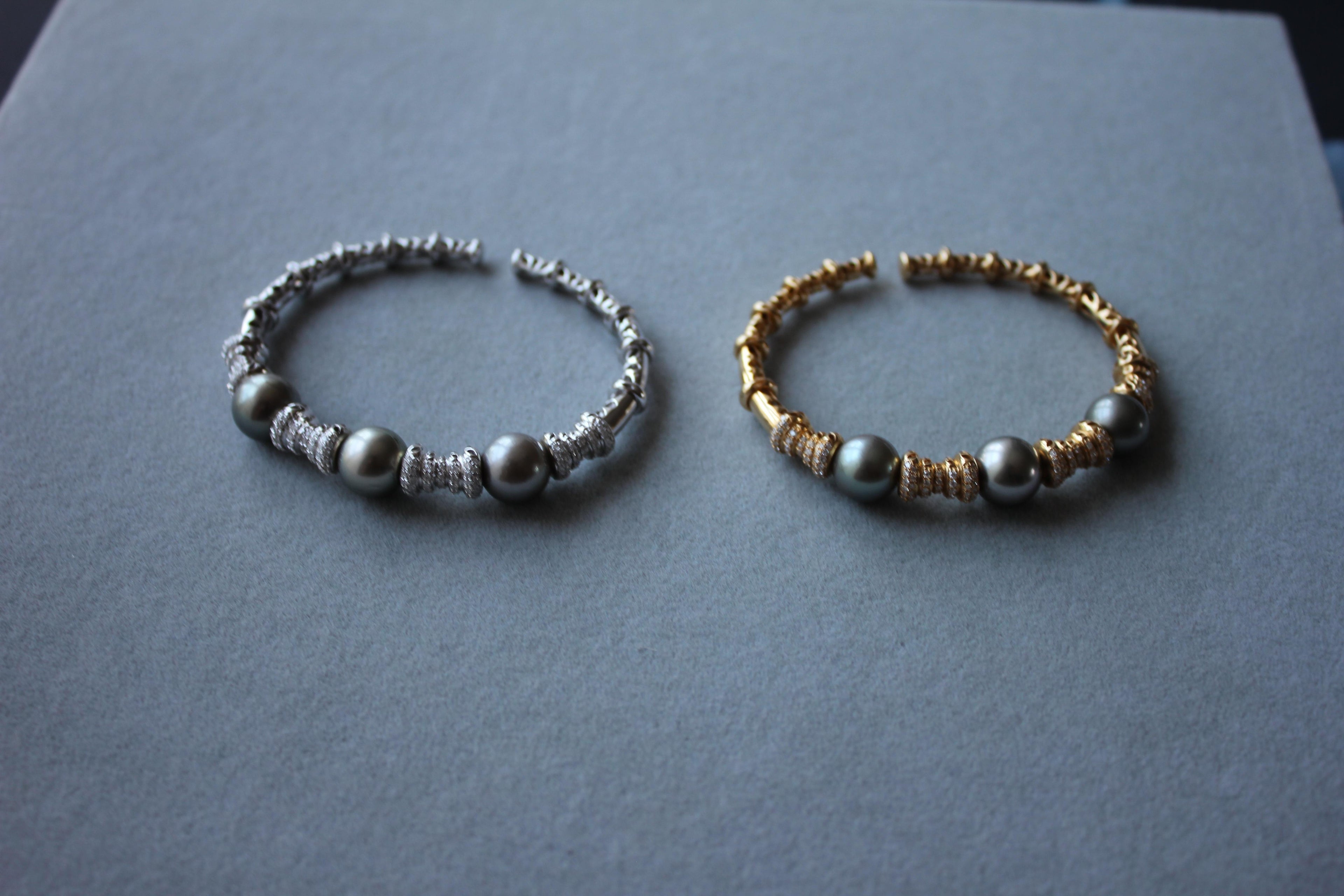 Tahitian Black Dark Grey Pearl Diamond Pave Set Yellow Gold Bangle Cuff Bracelet