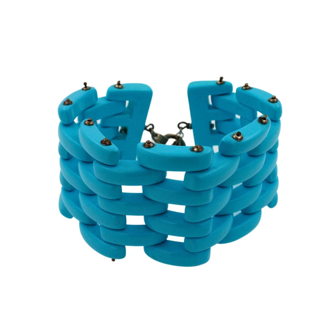 Teal Blue Turquoise Fancy Cabochon Elongated Link Wide Unique Statement Bracelet