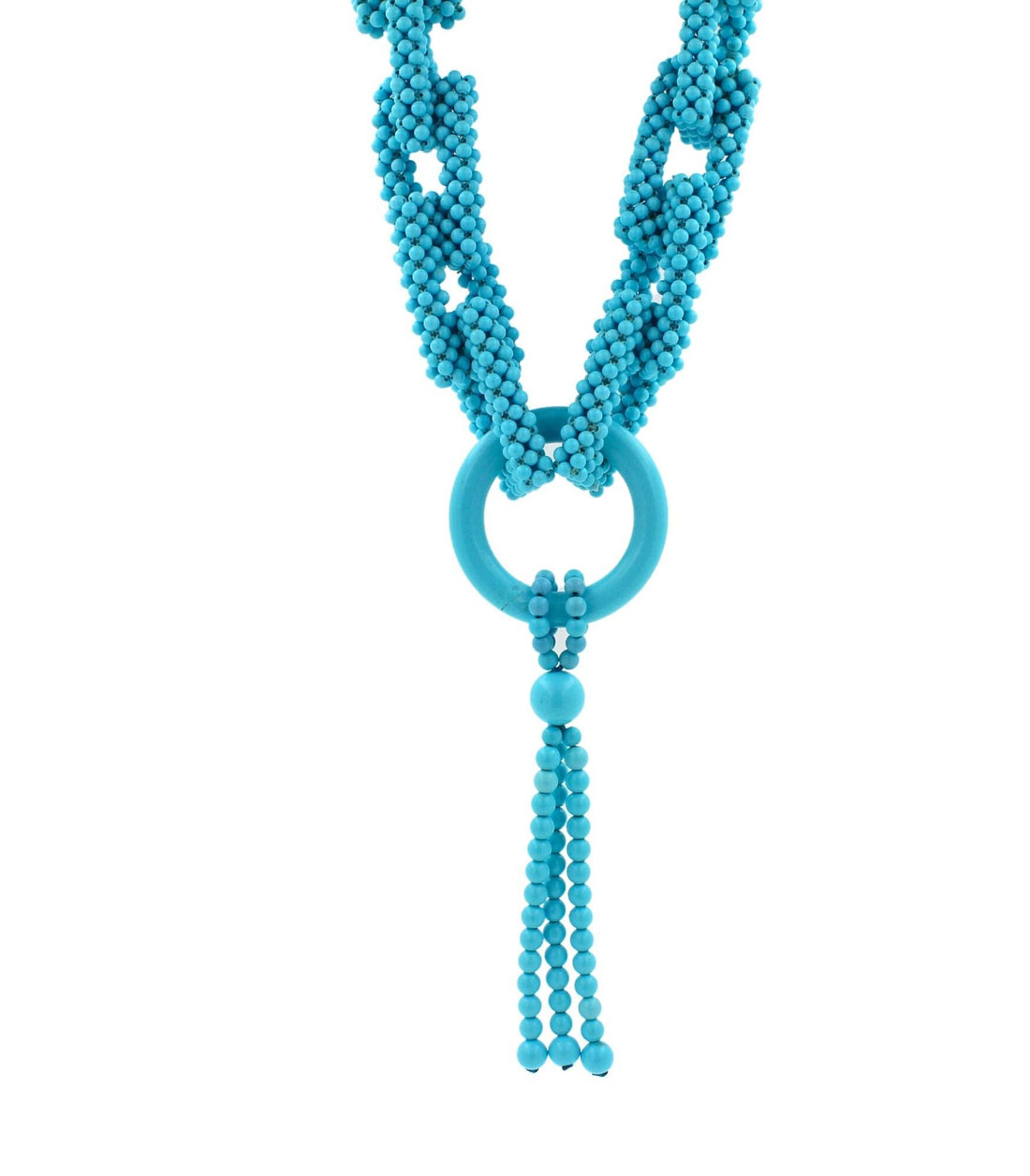 Teal Blue Turquoise Round Fancy Beads Long Tie Unique Tassel Statement Necklace