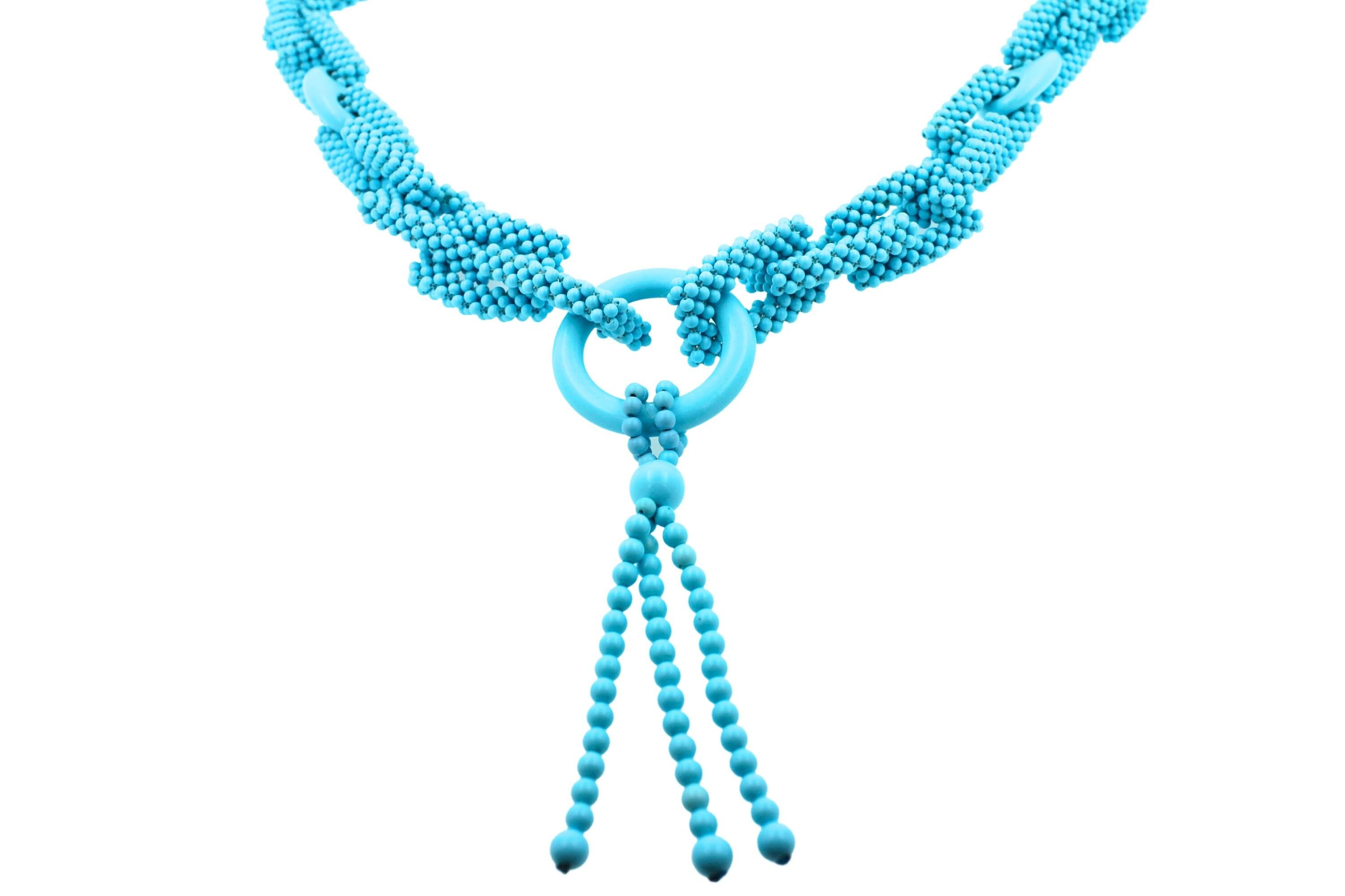Teal Blue Turquoise Round Fancy Beads Long Tie Unique Tassel Statement Necklace