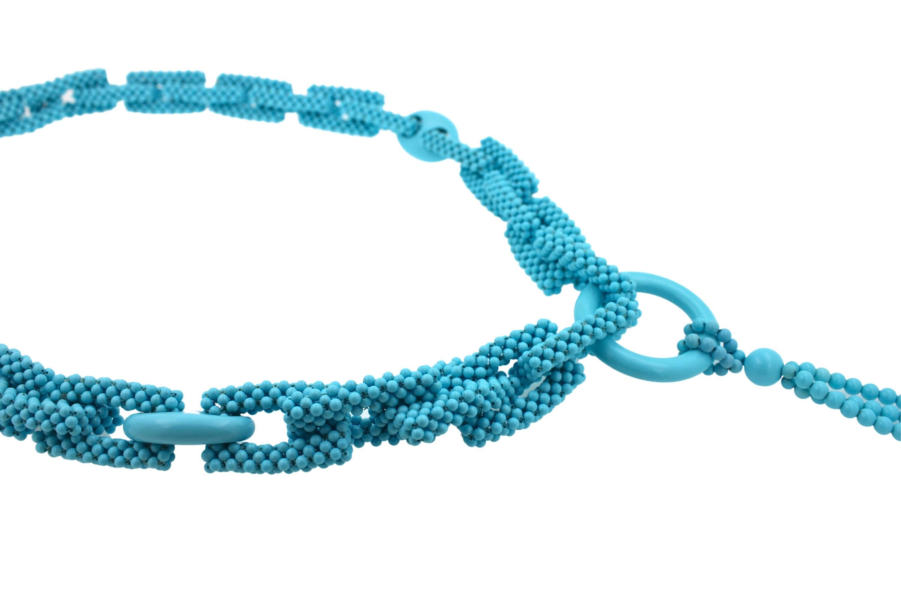 Teal Blue Turquoise Round Fancy Beads Long Tie Unique Tassel Statement Necklace
