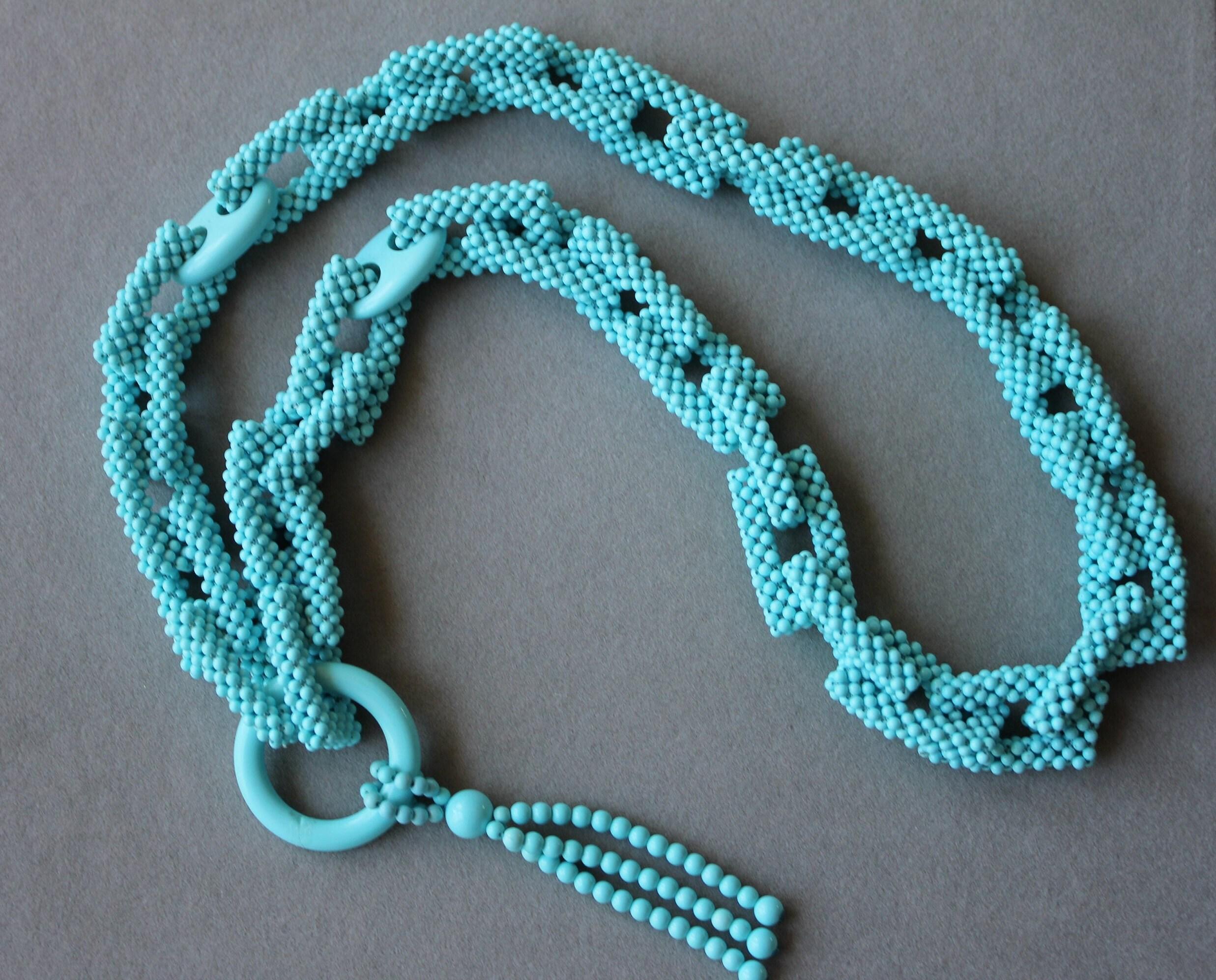 Teal Blue Turquoise Round Fancy Beads Long Tie Unique Tassel Statement Necklace