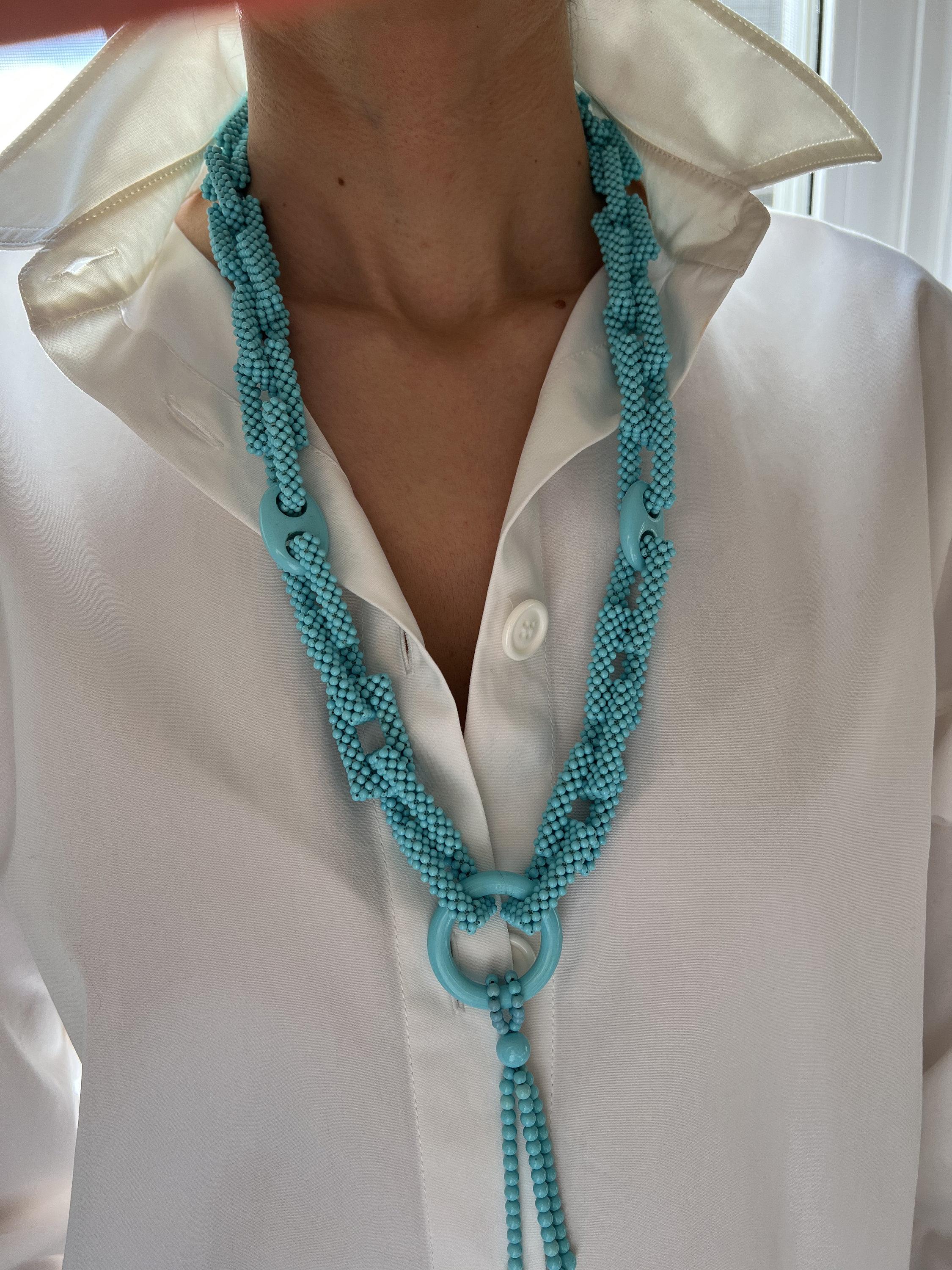 Teal Blue Turquoise Round Fancy Beads Long Tie Unique Tassel Statement Necklace
