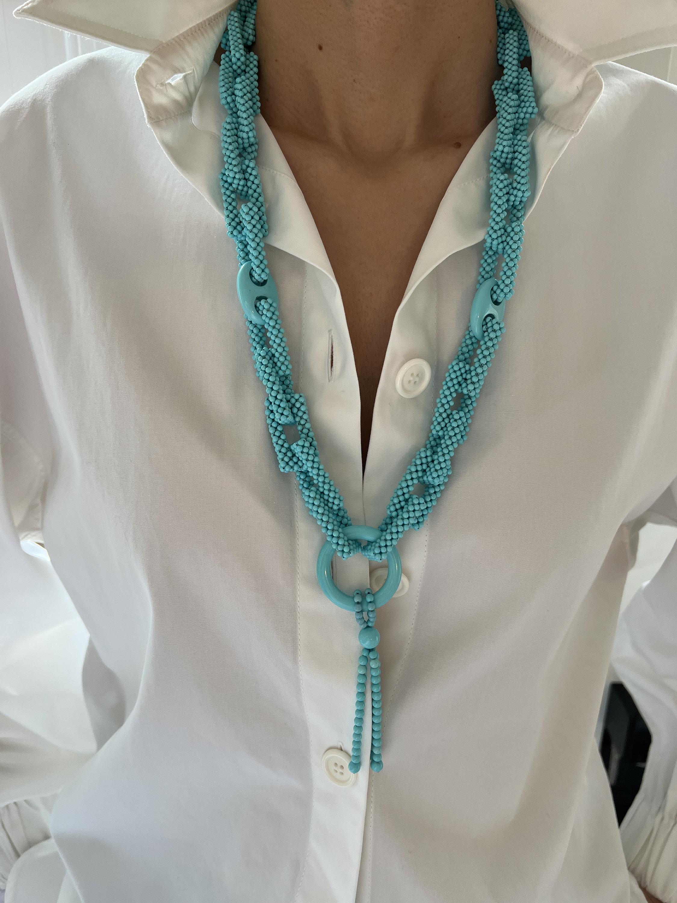 Teal Blue Turquoise Round Fancy Beads Long Tie Unique Tassel Statement Necklace