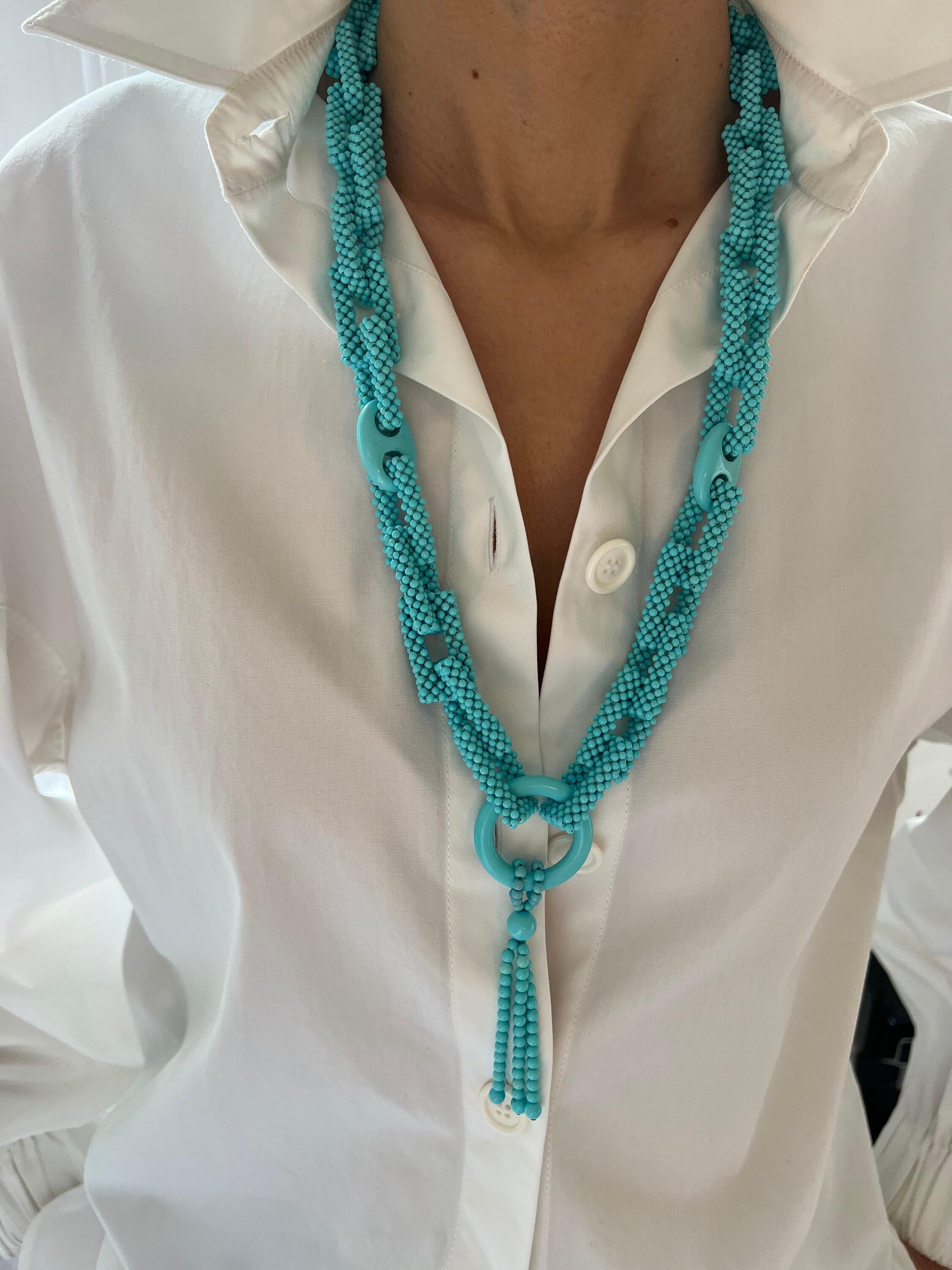 Teal Blue Turquoise Round Fancy Beads Long Tie Unique Tassel Statement Necklace