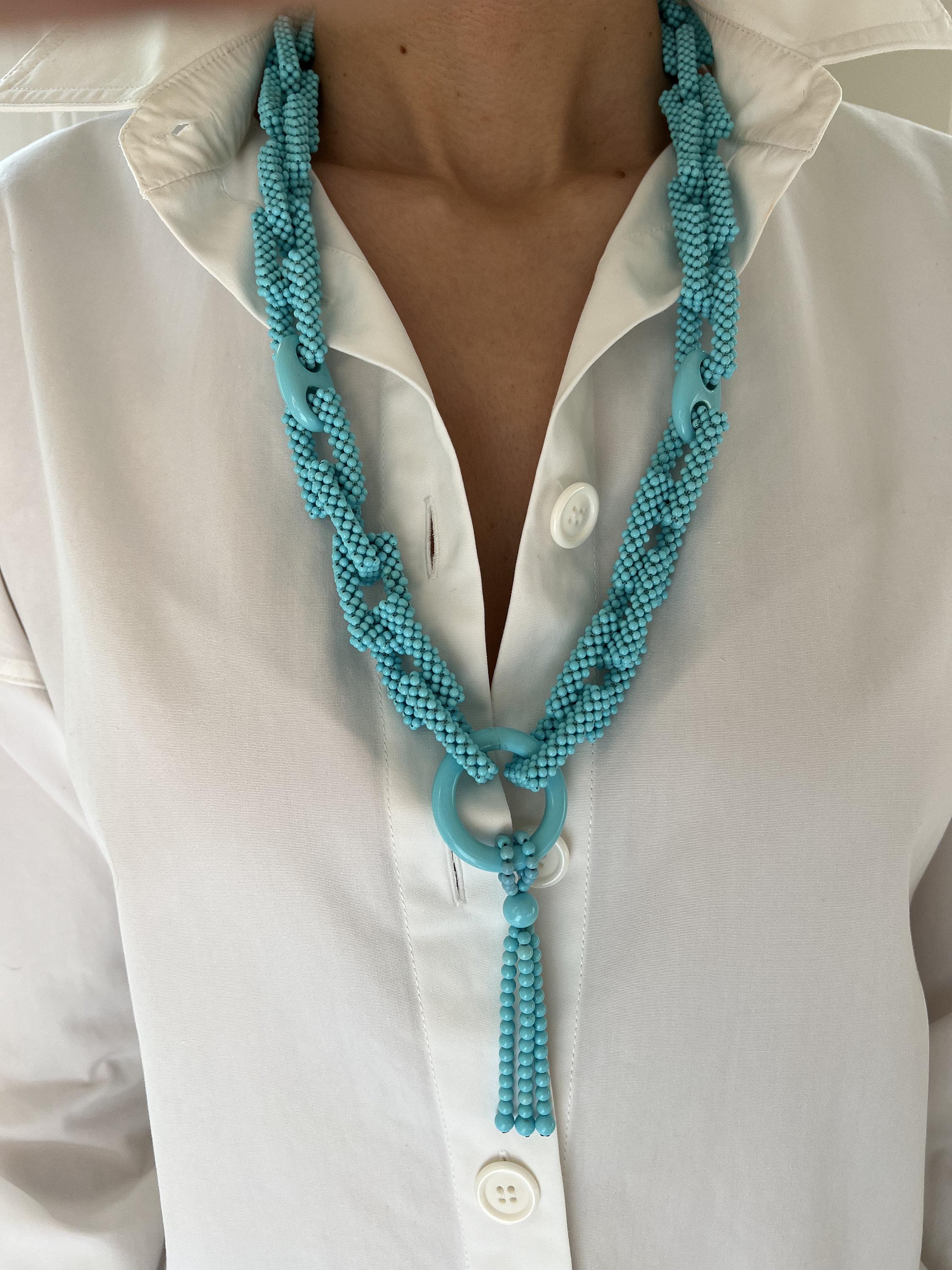 Teal Blue Turquoise Round Fancy Beads Long Tie Unique Tassel Statement Necklace