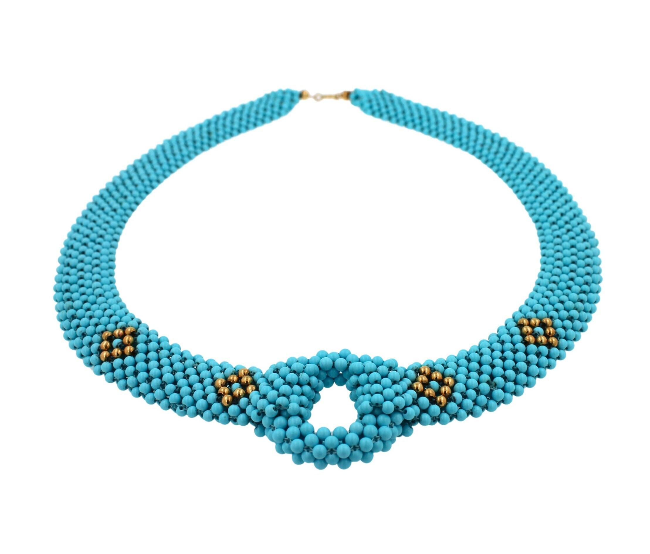 Teal Blue Turquoise Round Fancy Beads Unique Choker 14K Gold Statement Necklace