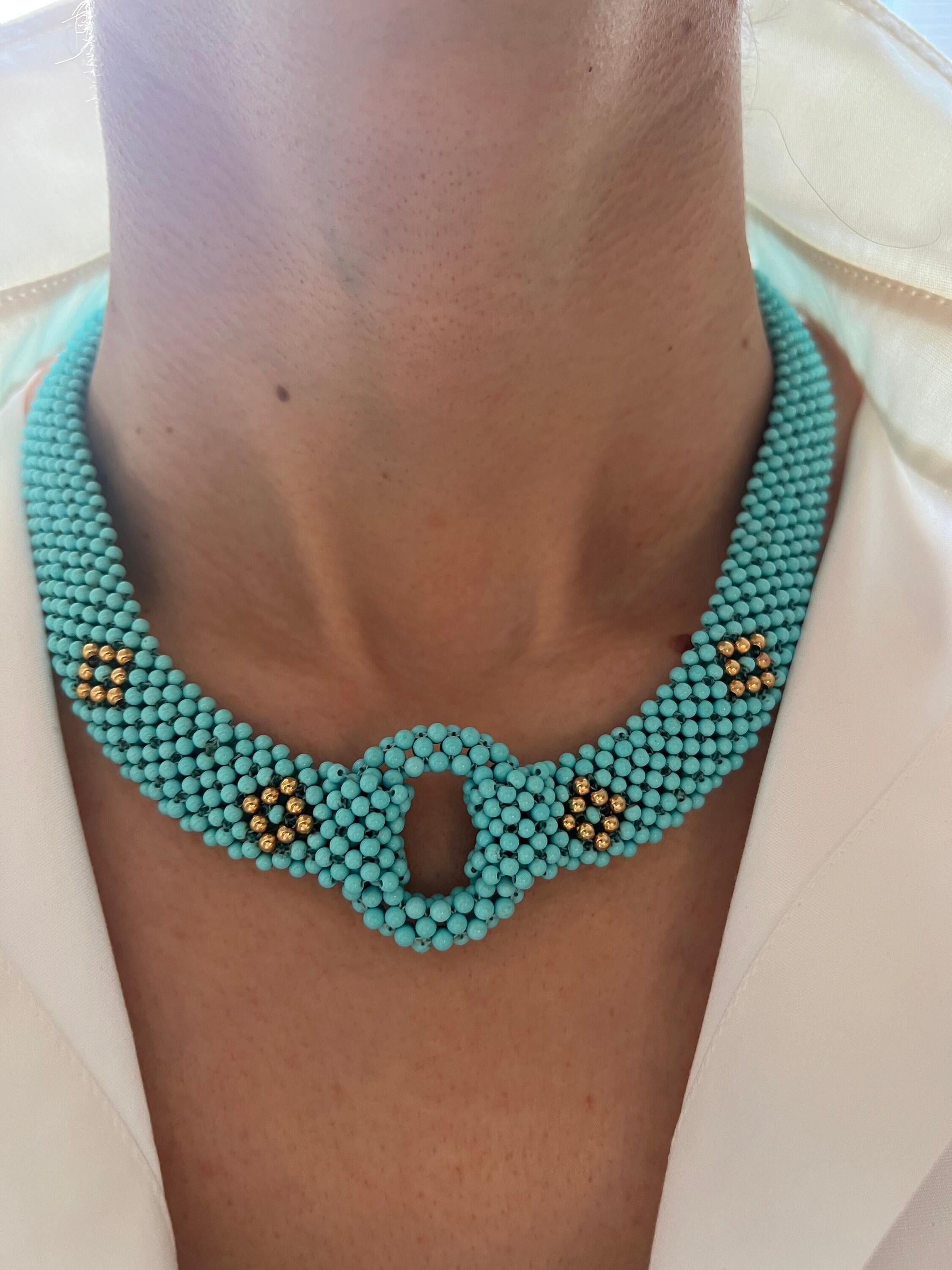 Teal Blue Turquoise Round Fancy Beads Unique Choker 14K Gold Statement Necklace