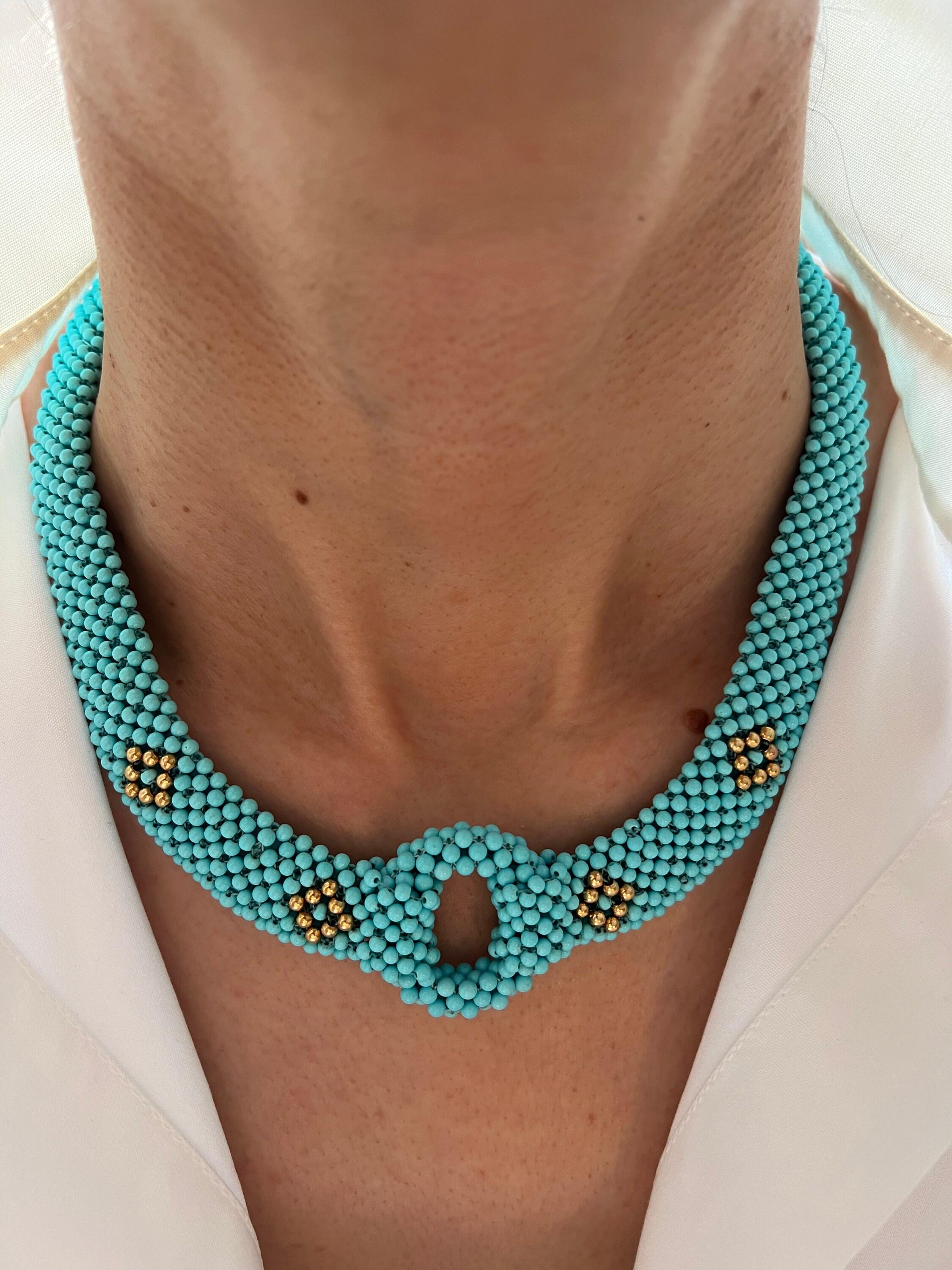 Teal Blue Turquoise Round Fancy Beads Unique Choker 14K Gold Statement Necklace