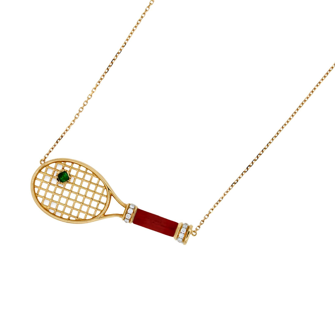 Tennis Racket Red Carnelian Handle Green Emerald Tennis Ball Jewelry 18 Karat Ro