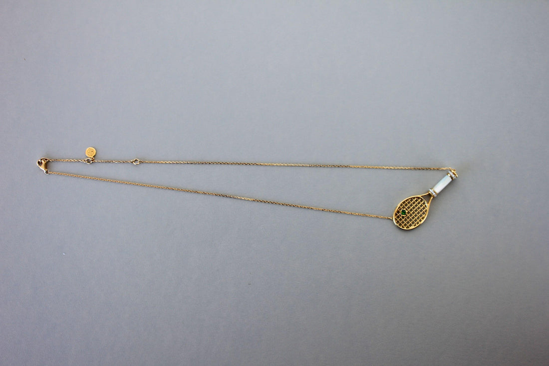 Tennis Racket White Mother of Pearl Handle Green Emerald Tennis Ball Jewelry 18