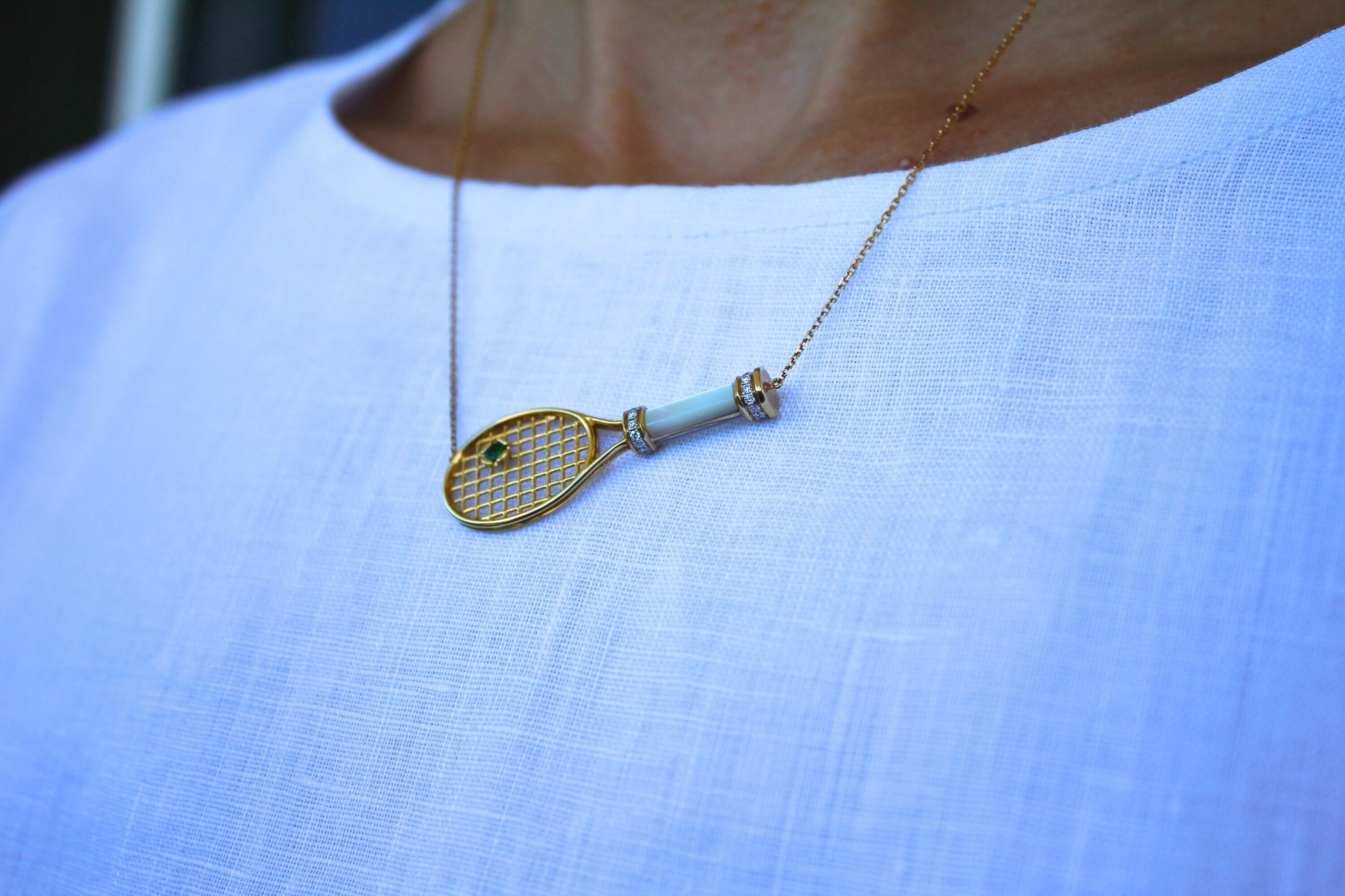 Tennis Racket White Mother of Pearl Handle Green Emerald Tennis Ball Jewelry 18