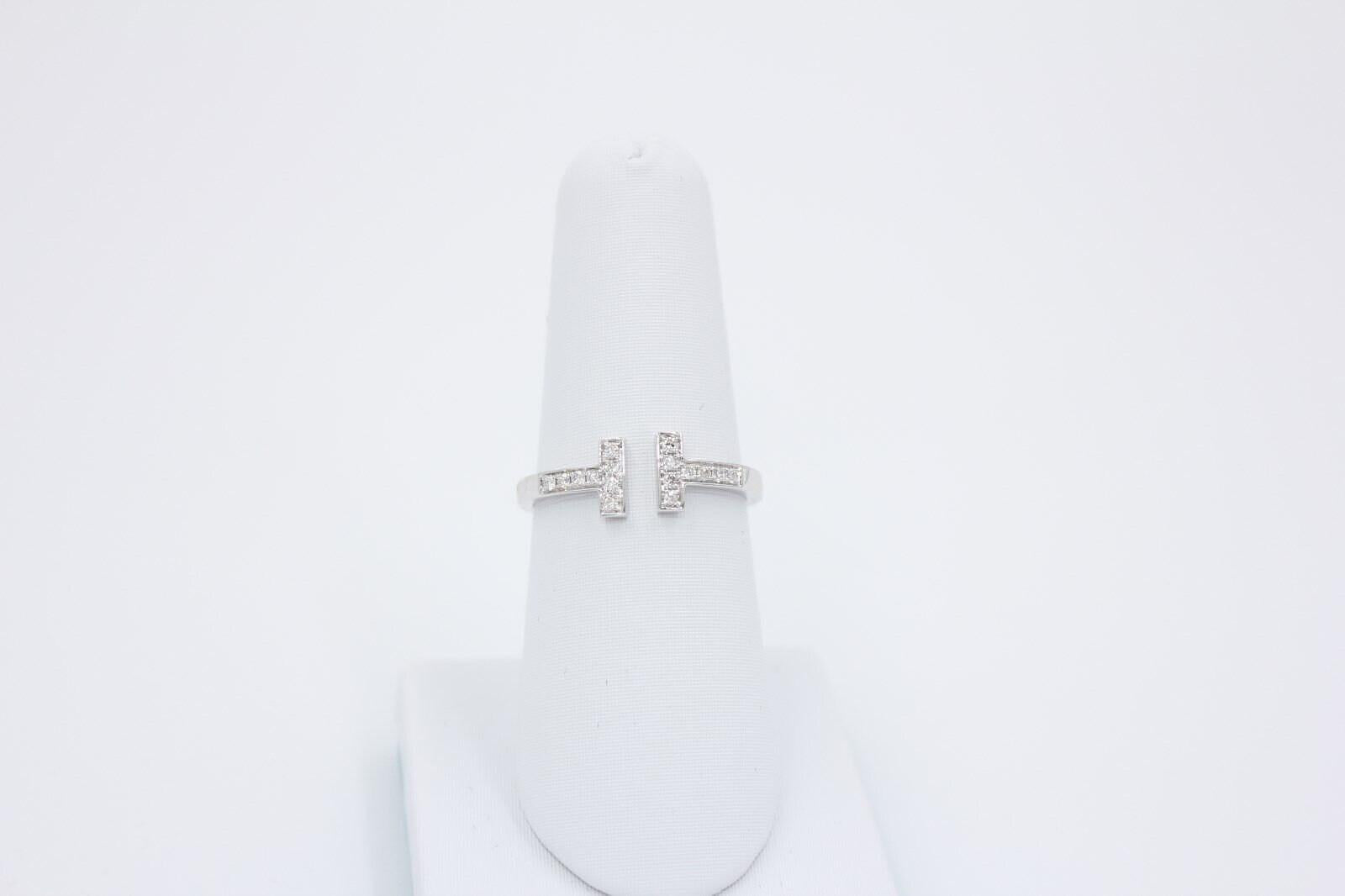 Tiffany Letter T Parallel Diamond Open Cocktail Stack 14 Karat White Gold Ring