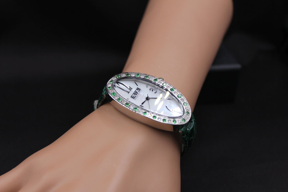 Tsavorite & Diamonds Pave Dial Luxury Swiss Quartz Exotic Leather Band Watch