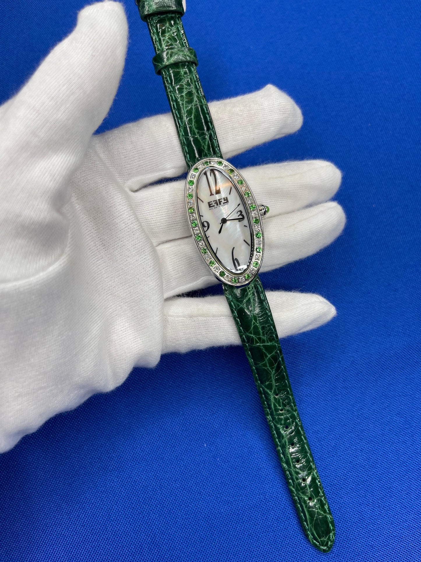 tsavorite & diamonds pave dial luxury swiss quartz exotic leather band watch