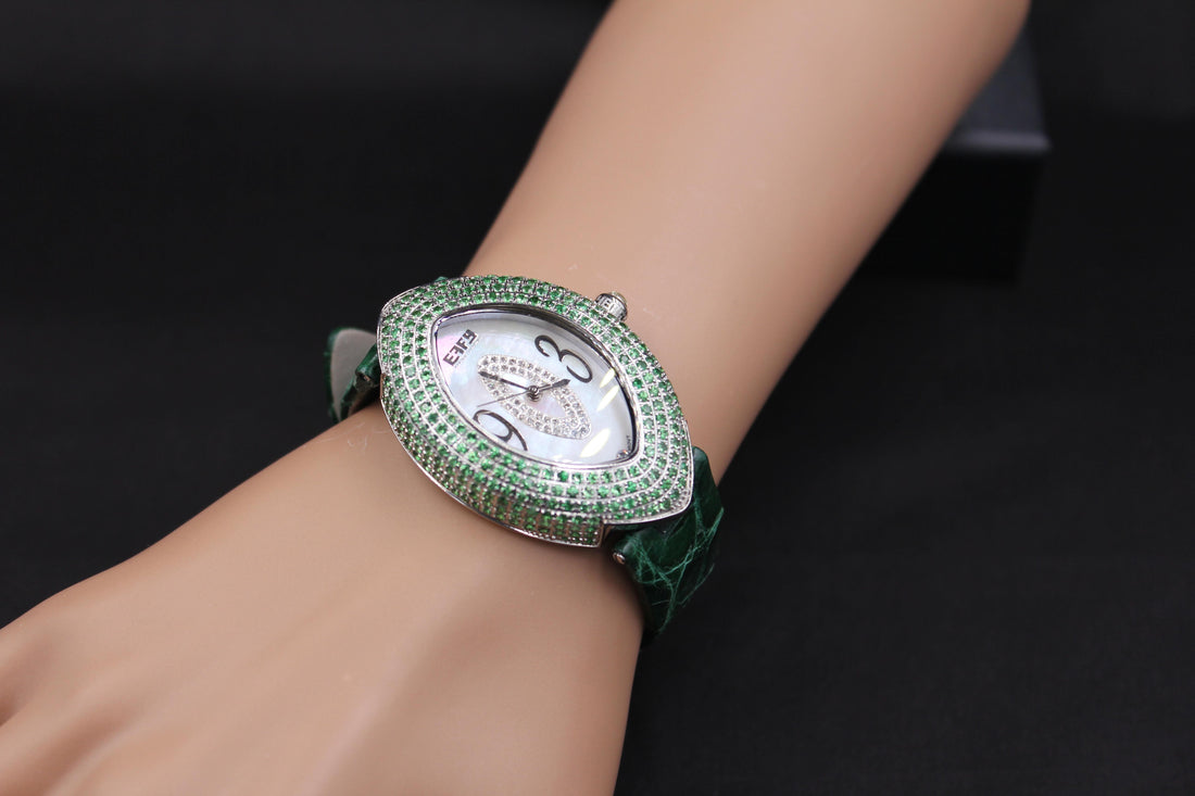 Tsavorite & Diamonds Pave Dial Luxury Swiss Quartz Exotic Leather Band Watch