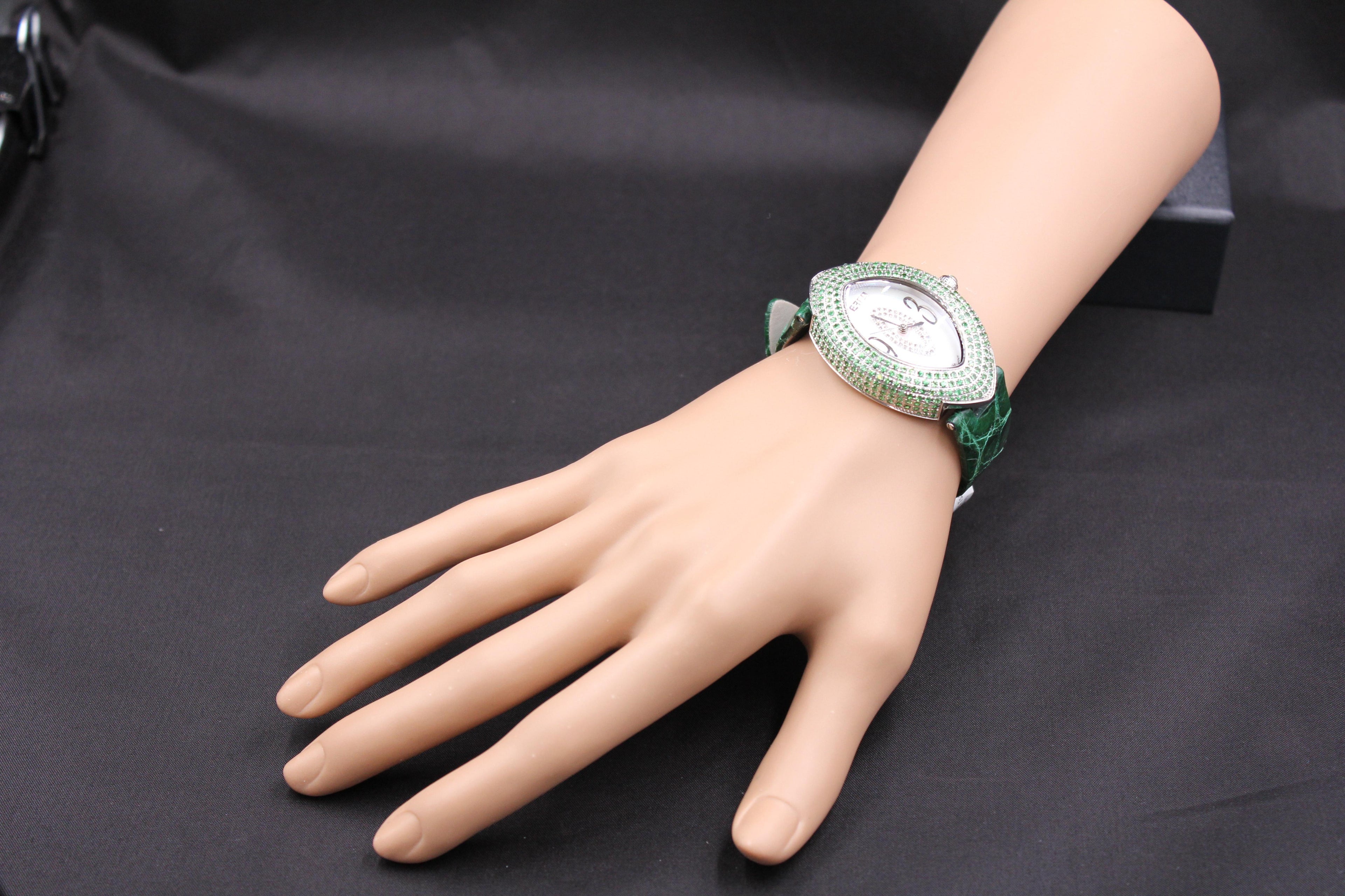 Tsavorite & Diamonds Pave Dial Luxury Swiss Quartz Exotic Leather Band Watch