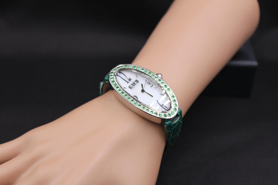 Tsavorite Pave Dial Luxury Swiss Quartz Exotic Leather Band Watch 1.90 CTW