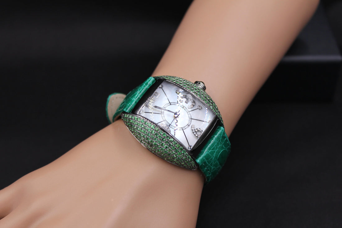 Tsavorites & Diamond Pave Dial Luxury Swiss Quartz Exotic Leather Band Watch