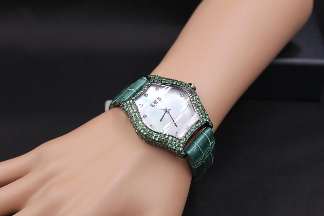 Tsavorites & Diamond Pave Dial Luxury Swiss Quartz Exotic Leather Band Watch
