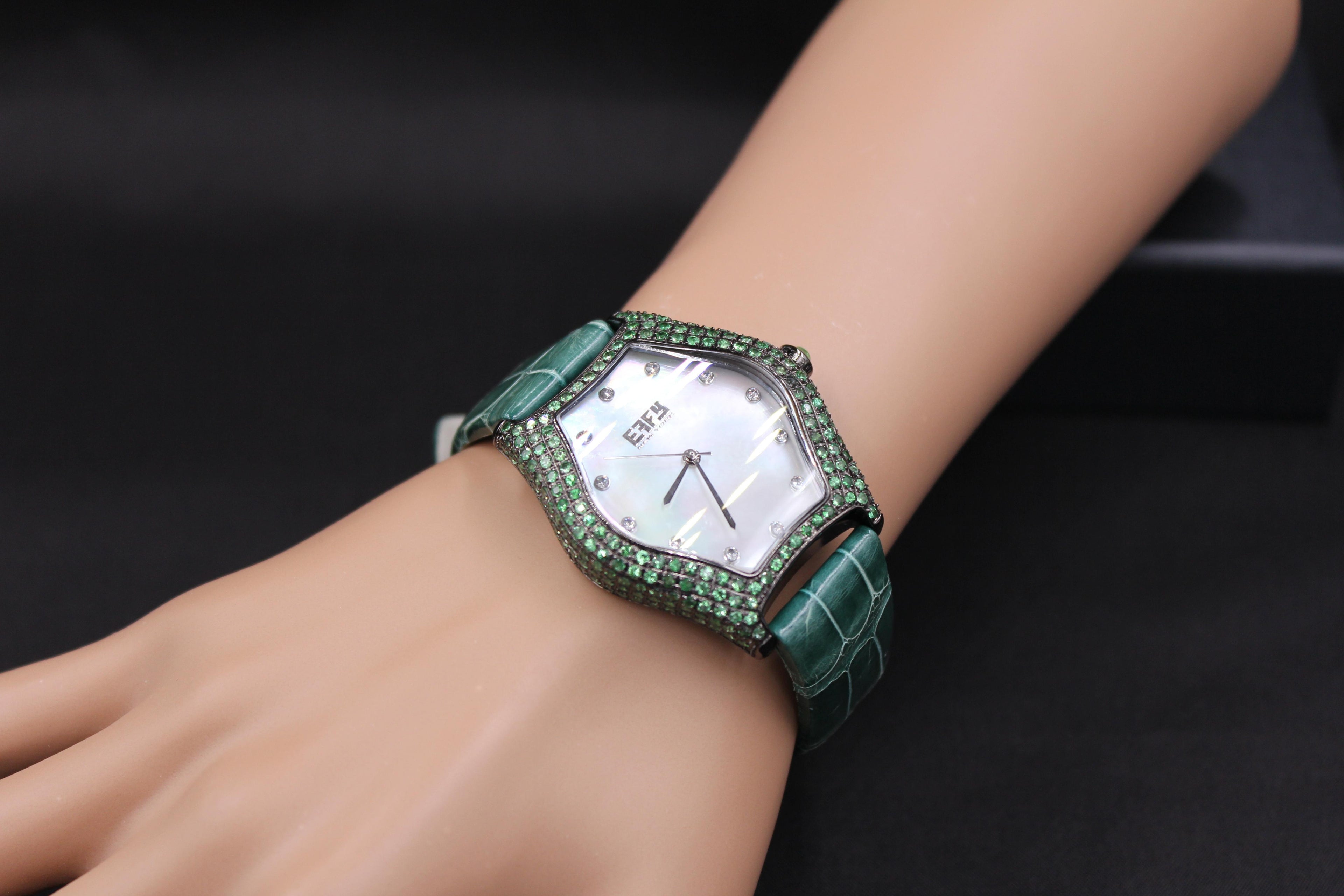 Tsavorites & Diamond Pave Dial Luxury Swiss Quartz Exotic Leather Band Watch
