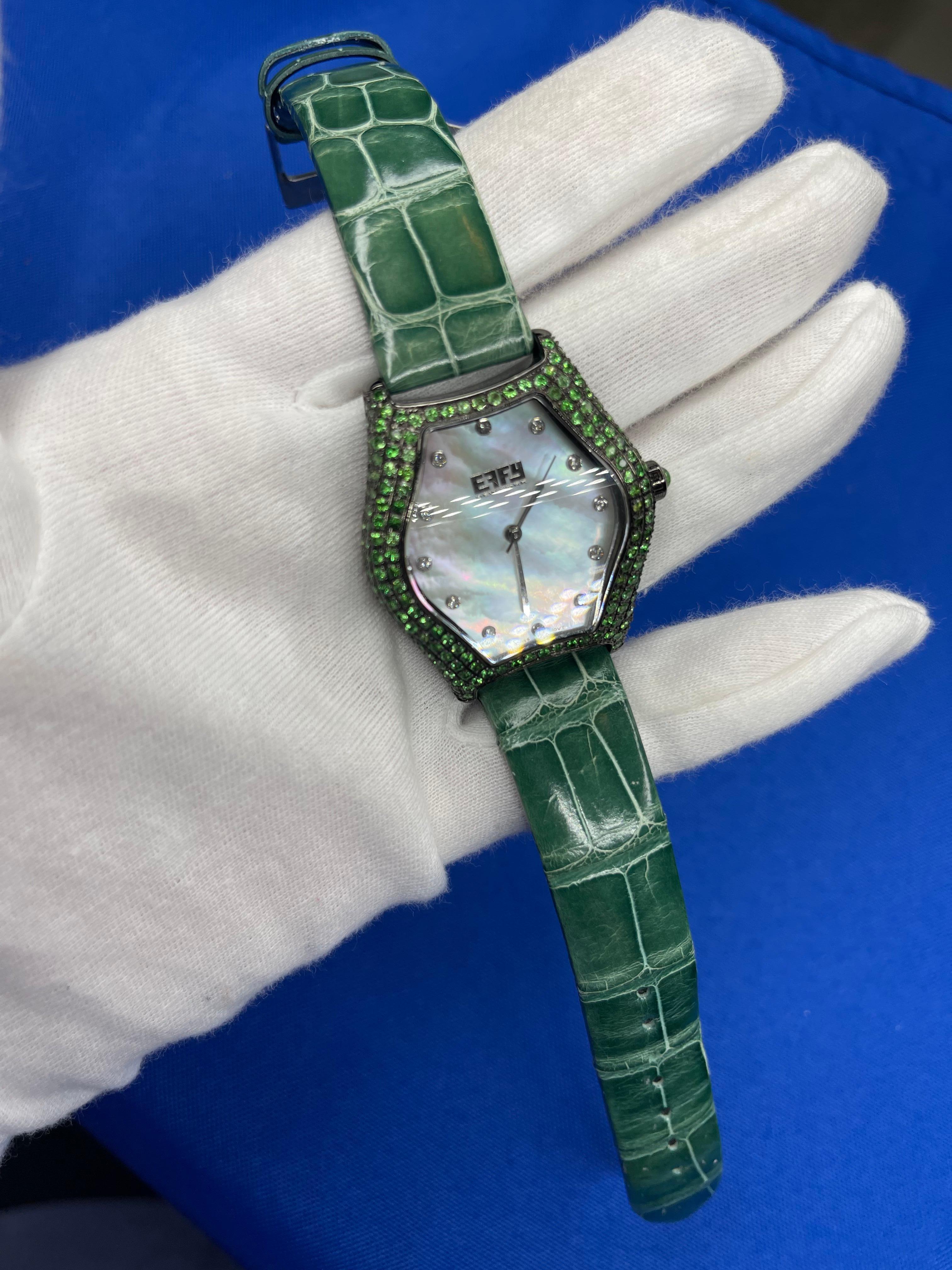 Tsavorites & Diamond Pave Dial Luxury Swiss Quartz Exotic Leather Band Watch