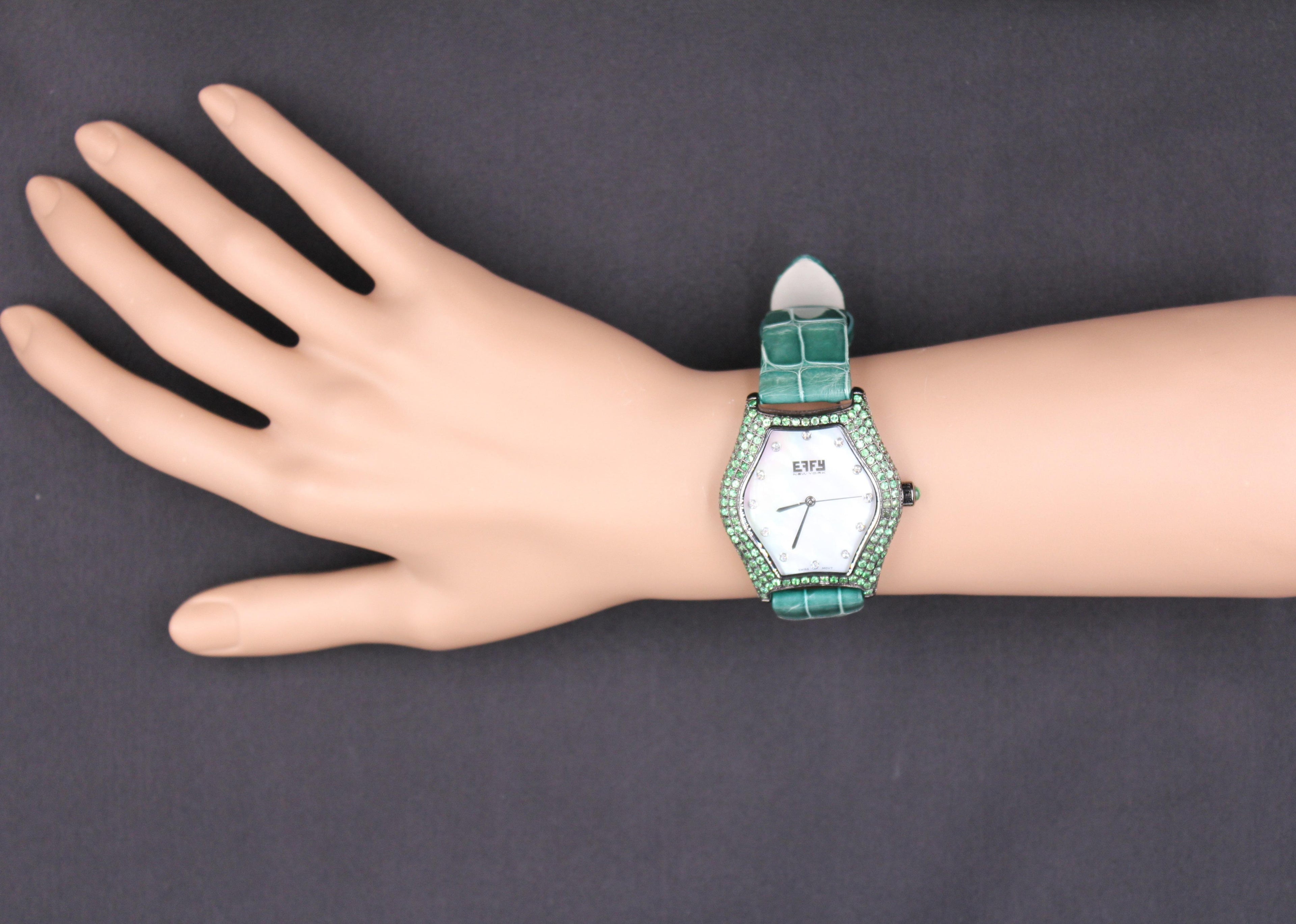 Tsavorites & Diamond Pave Dial Luxury Swiss Quartz Exotic Leather Band Watch