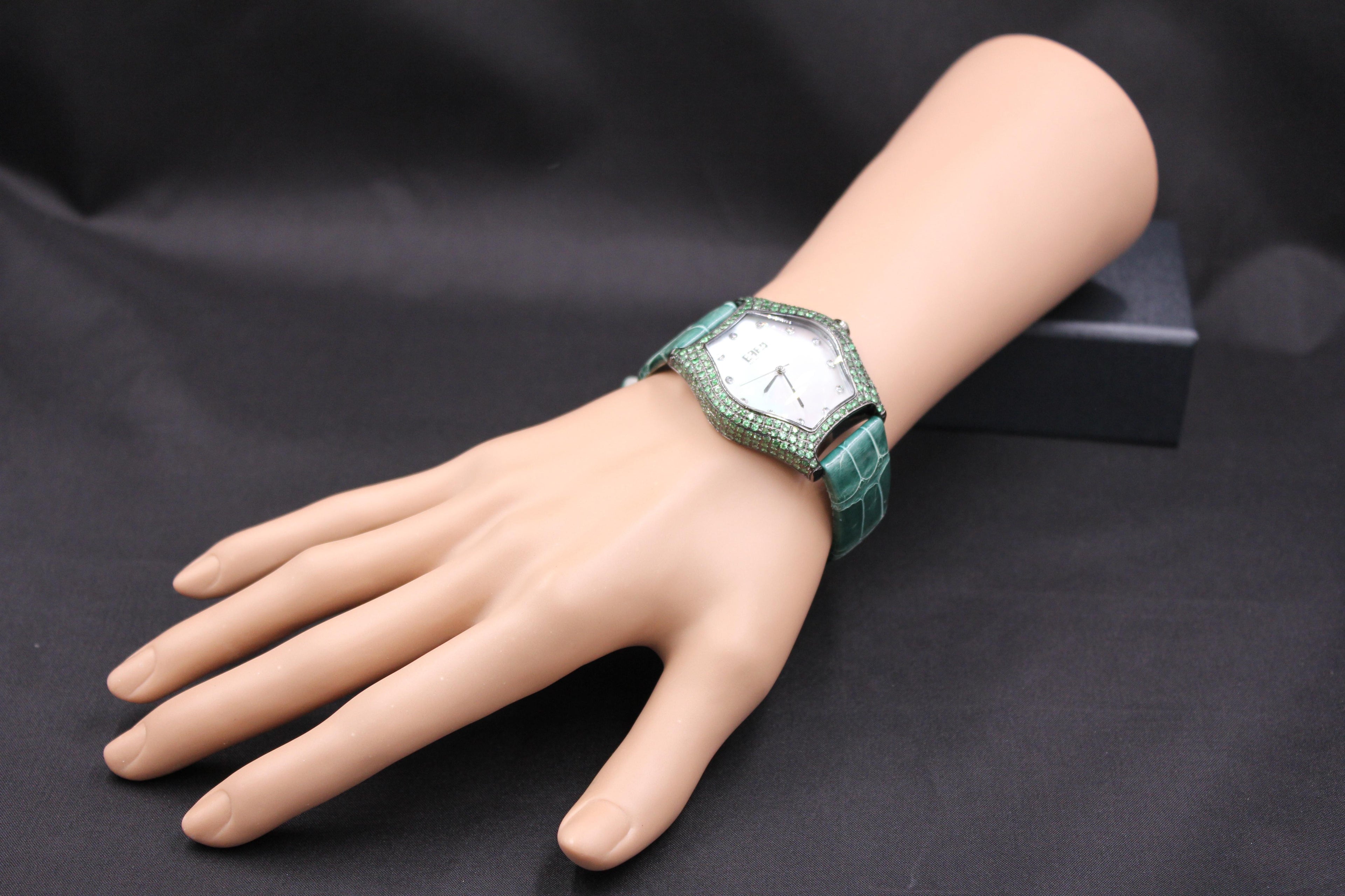 Tsavorites & Diamond Pave Dial Luxury Swiss Quartz Exotic Leather Band Watch