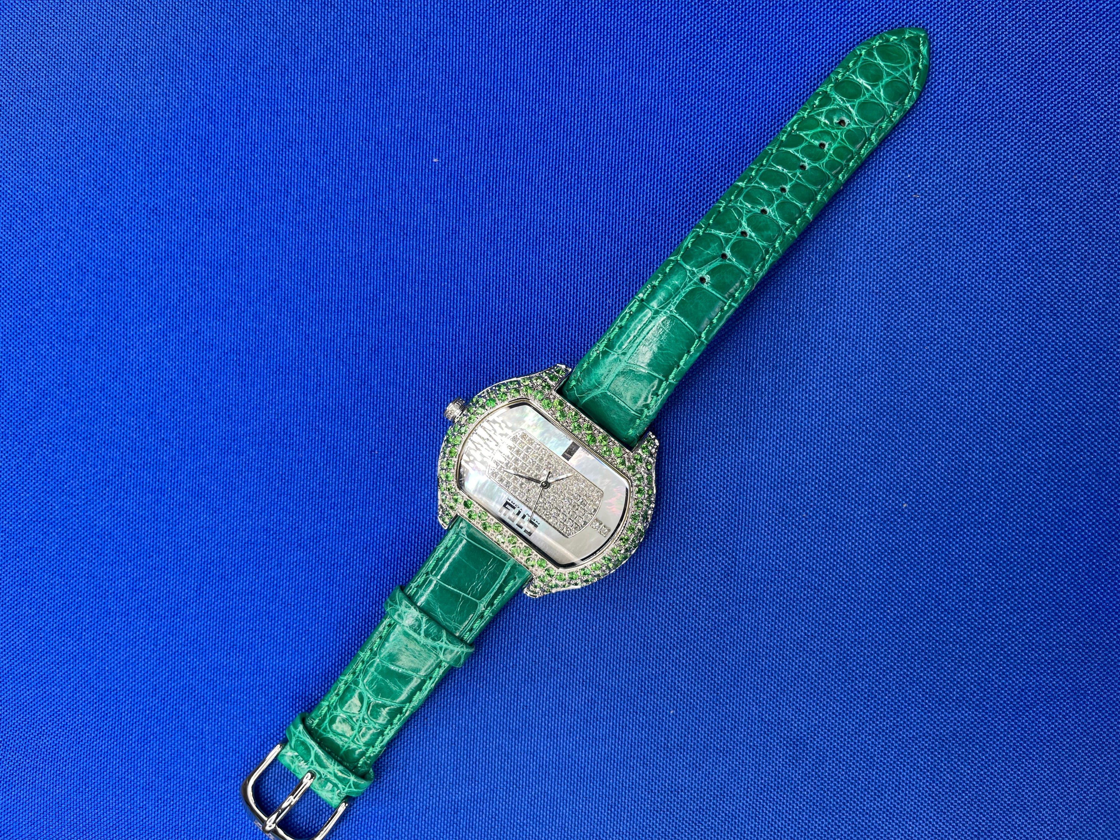 Tsavorites & Diamond Pave Dial Luxury Swiss Quartz Exotic Leather Band Watch