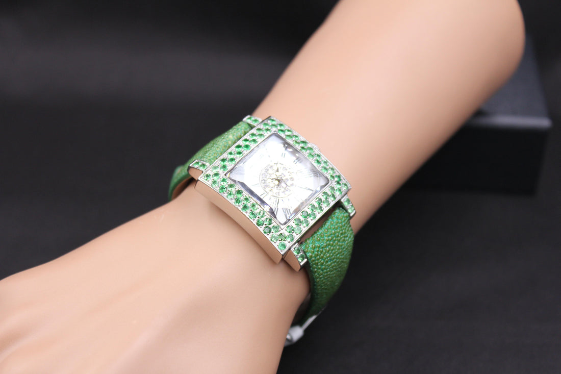 Tsavorites & Diamonds Pave Dial Luxury Swiss Quartz Exotic Leather Band Watch
