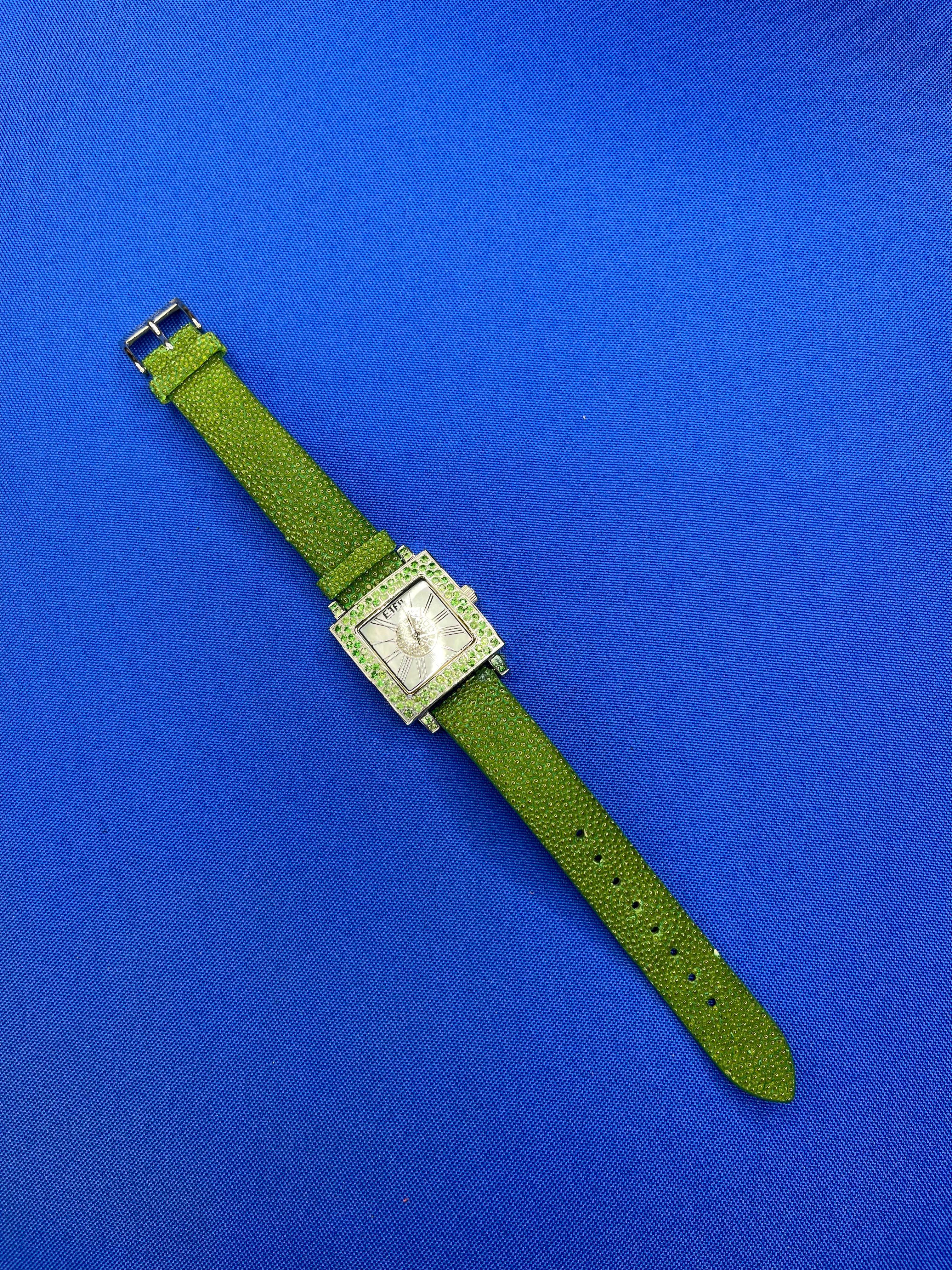 Tsavorites & Diamonds Pave Dial Luxury Swiss Quartz Exotic Leather Band Watch