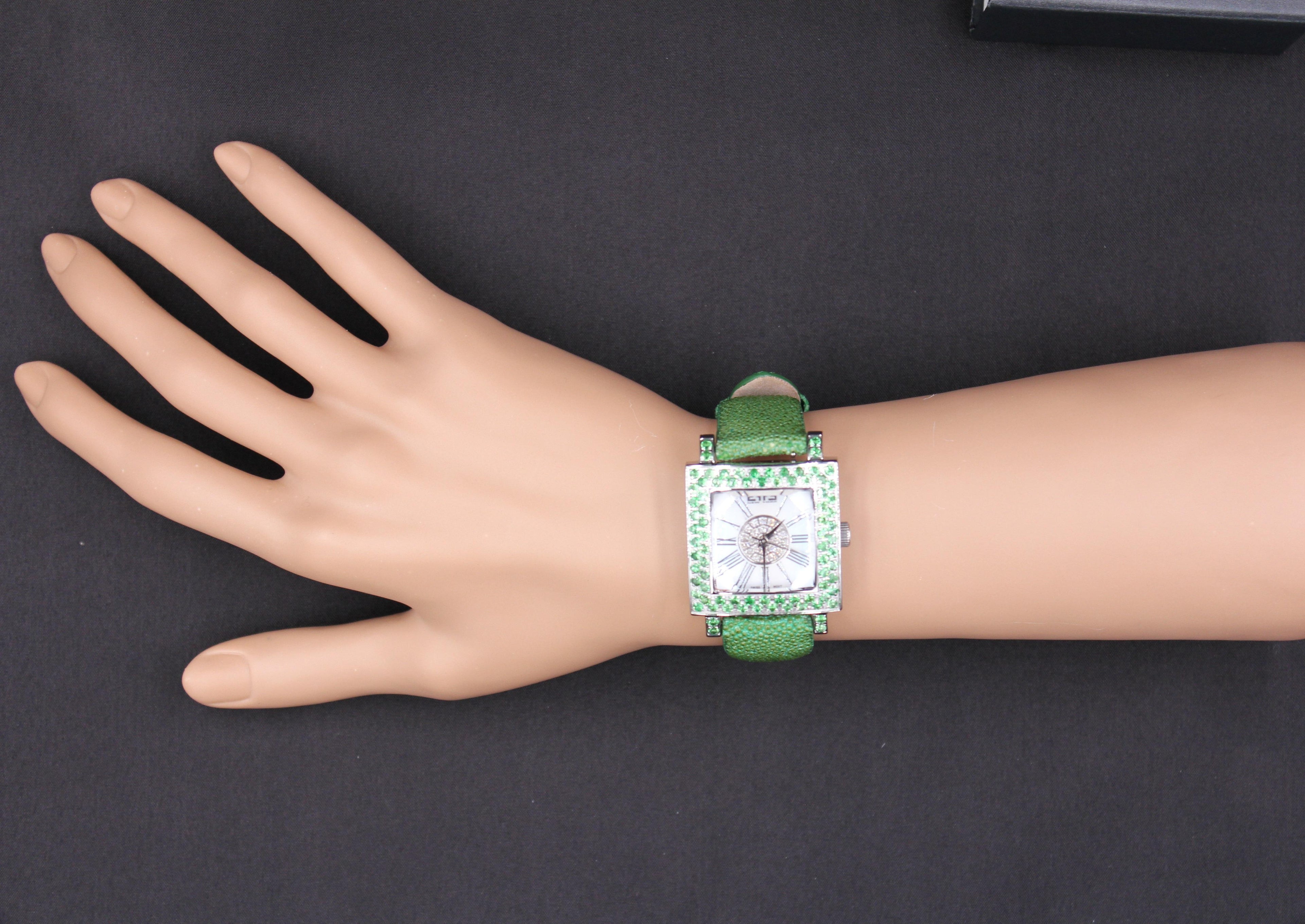 Tsavorites & Diamonds Pave Dial Luxury Swiss Quartz Exotic Leather Band Watch