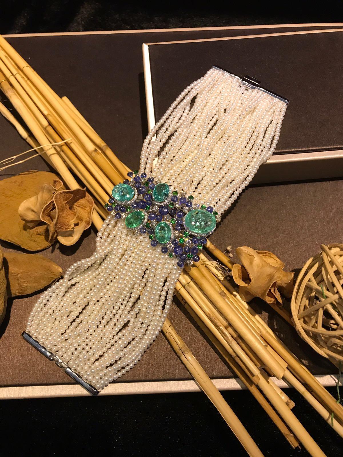 Unique Rare Paraiba Tourmalines Diamonds Akoya Pearls Tanzanites Gold Bracelet