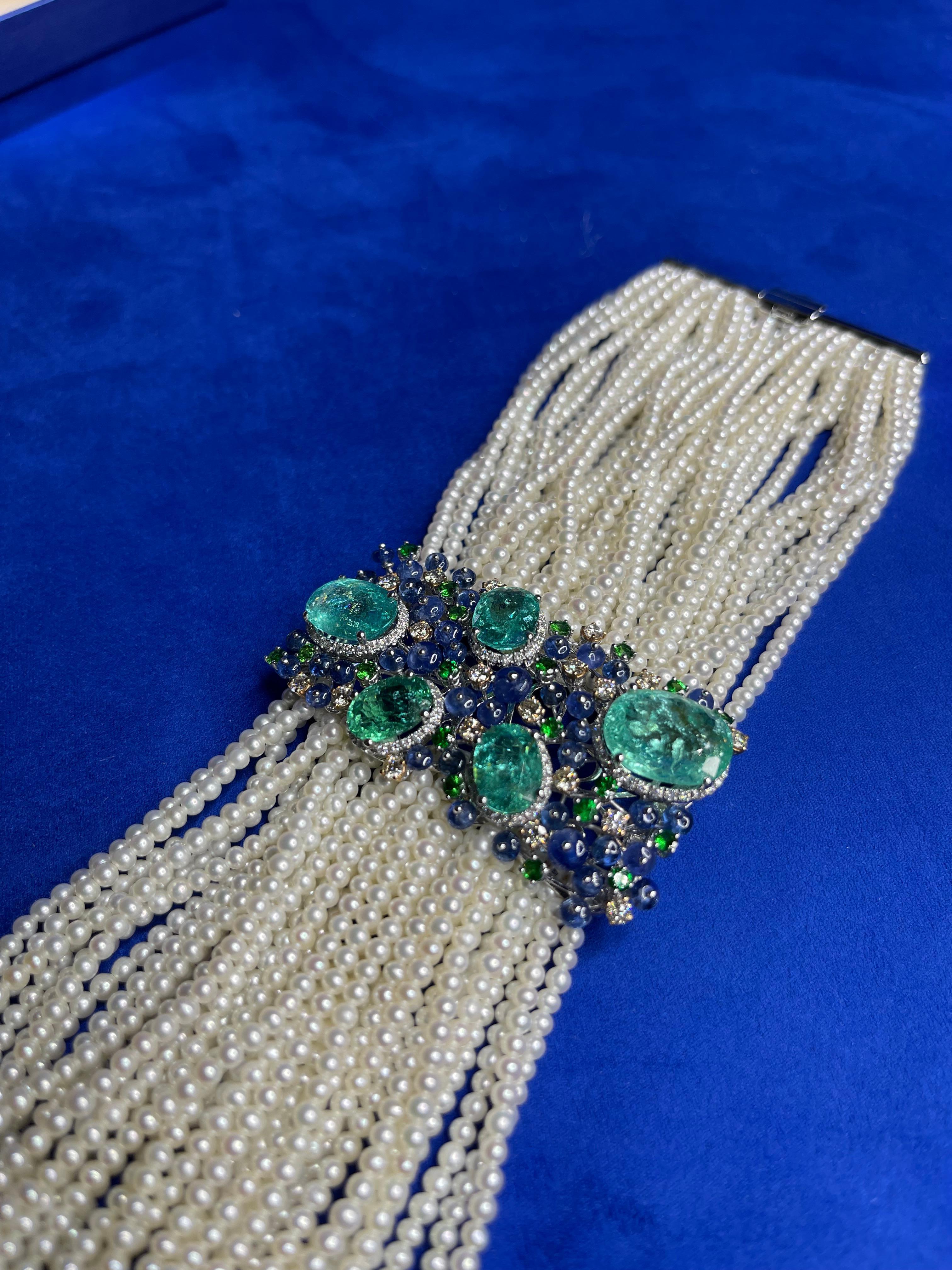 Unique Rare Paraiba Tourmalines Diamonds Akoya Pearls Tanzanites Gold Bracelet