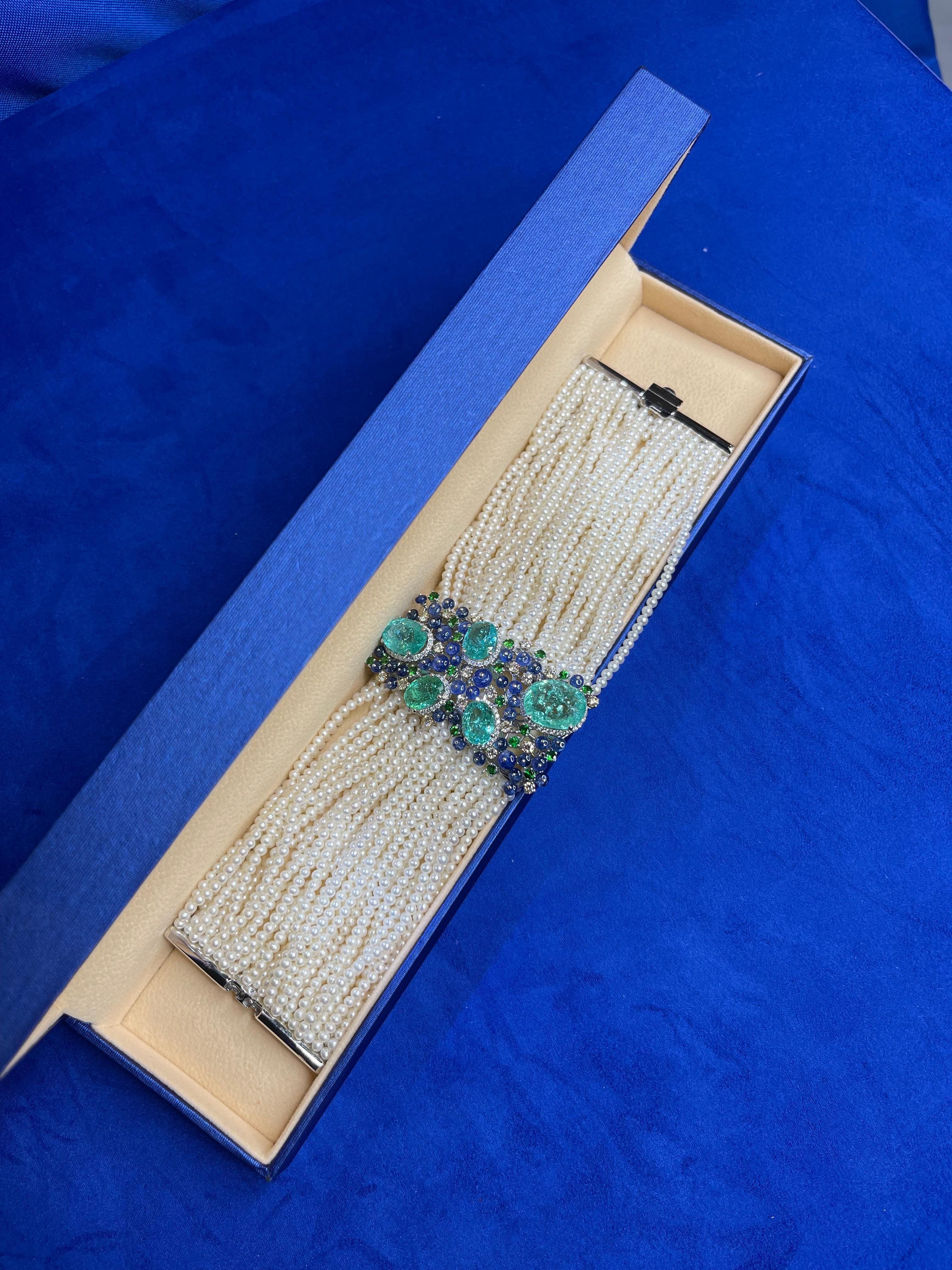 Unique Rare Paraiba Tourmalines Diamonds Akoya Pearls Tanzanites Gold Bracelet