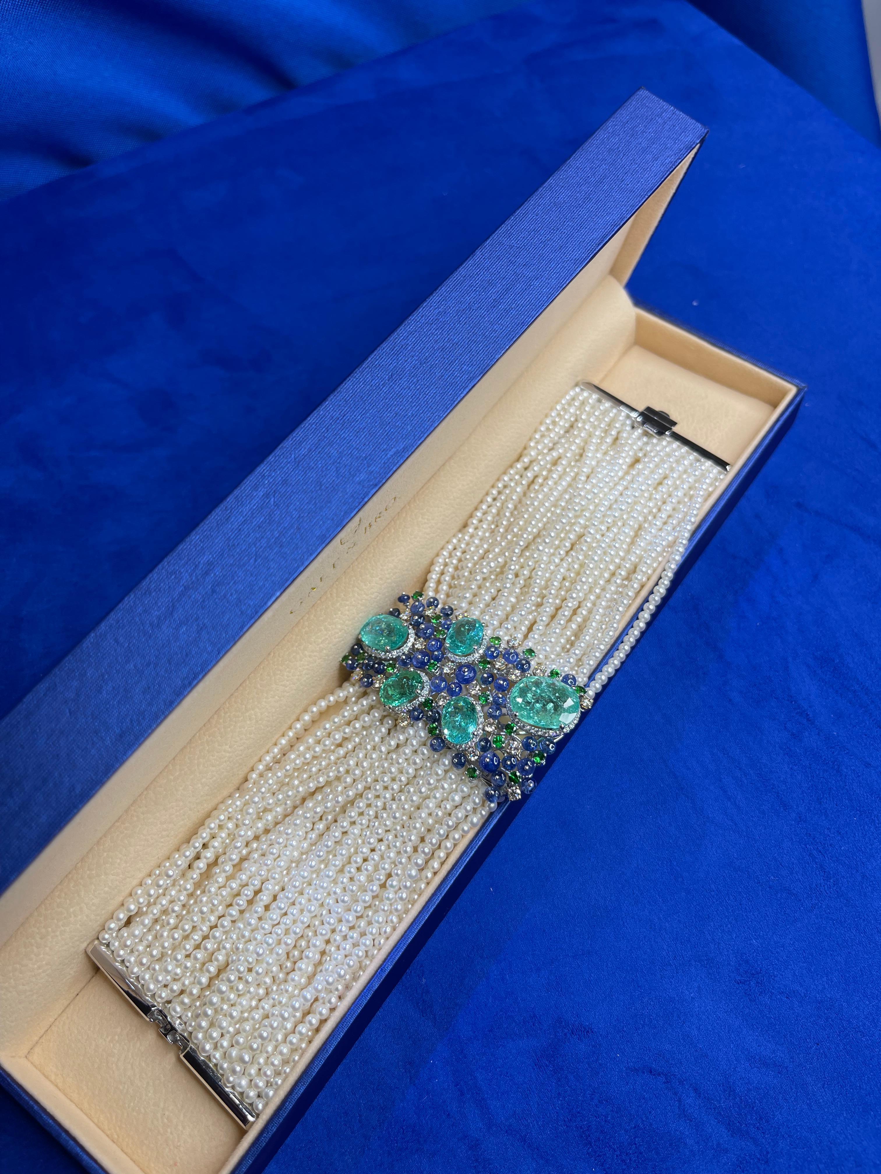 Unique Rare Paraiba Tourmalines Diamonds Akoya Pearls Tanzanites Gold Bracelet